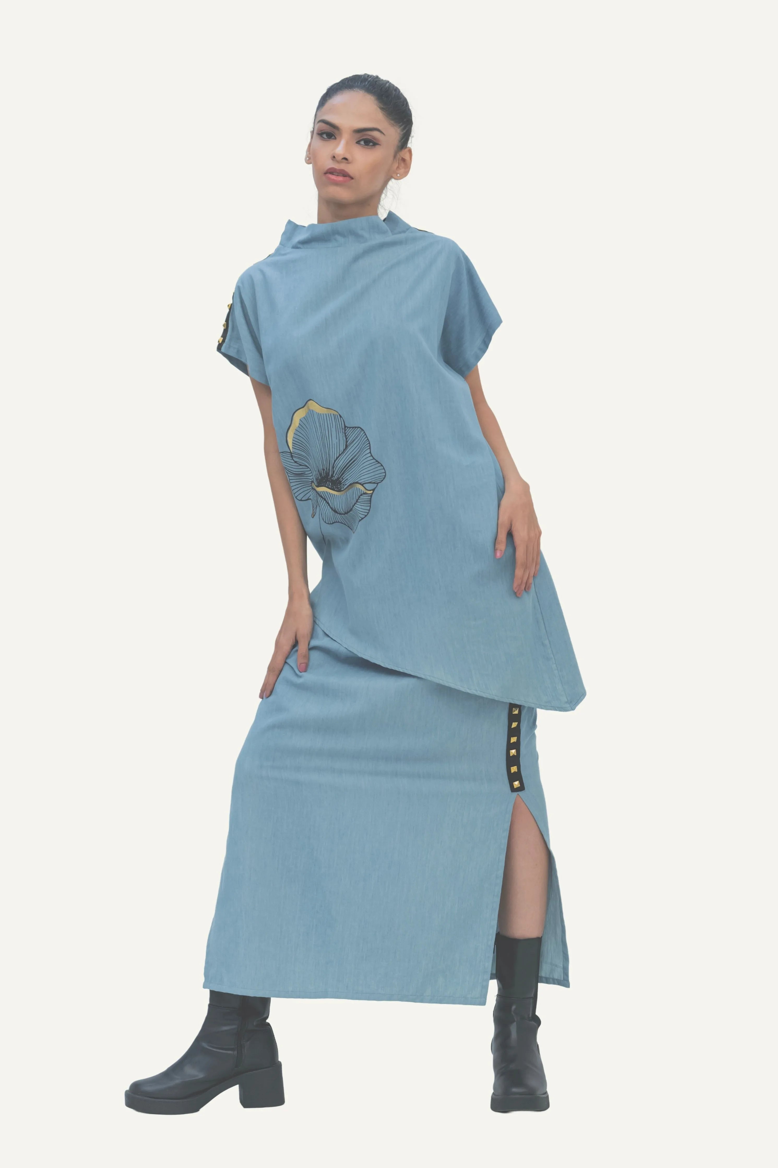 Blue Cotton Denim Shirt with Foil Print and Studs