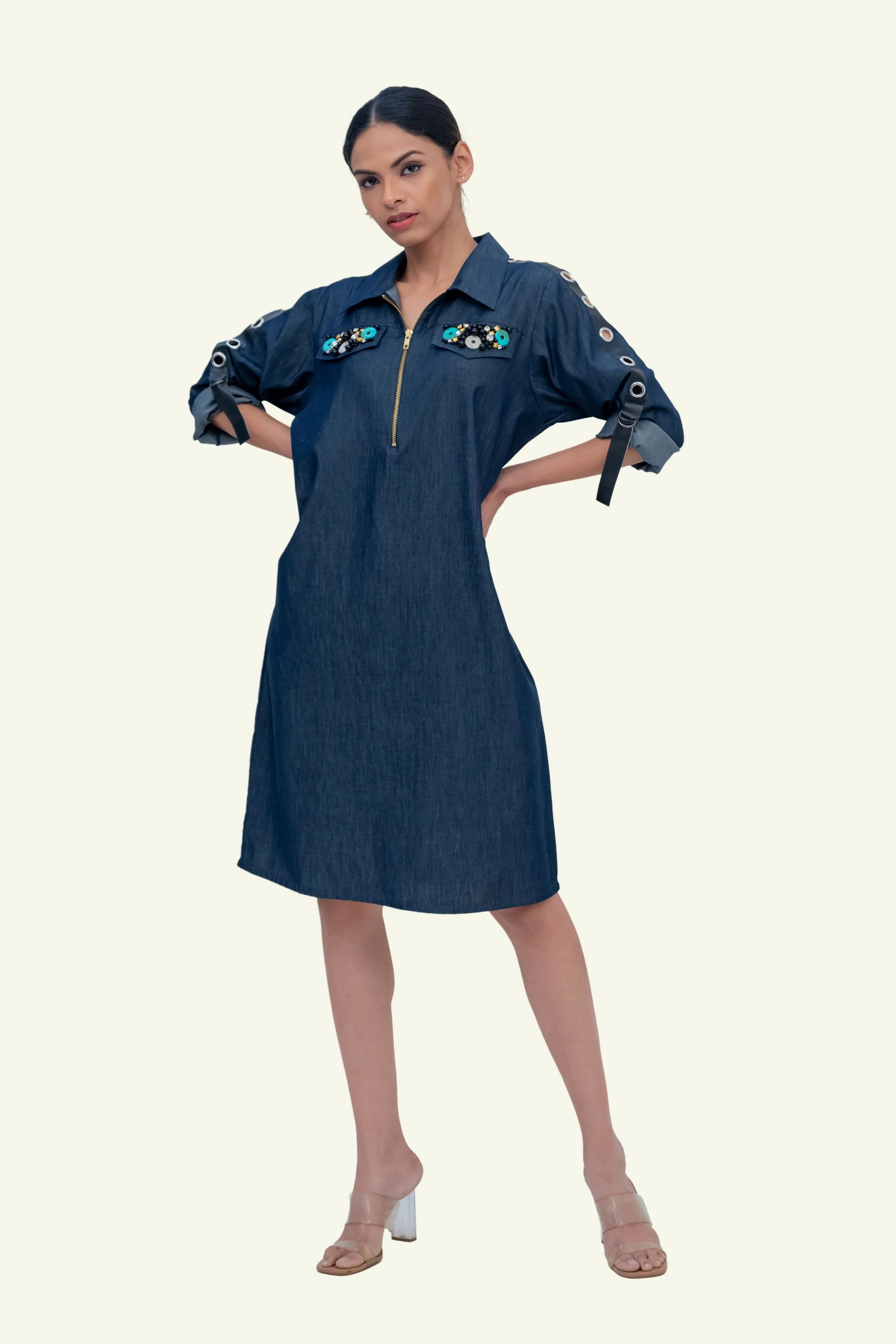 Denim Cotton Dress with Embroidery on Pockets