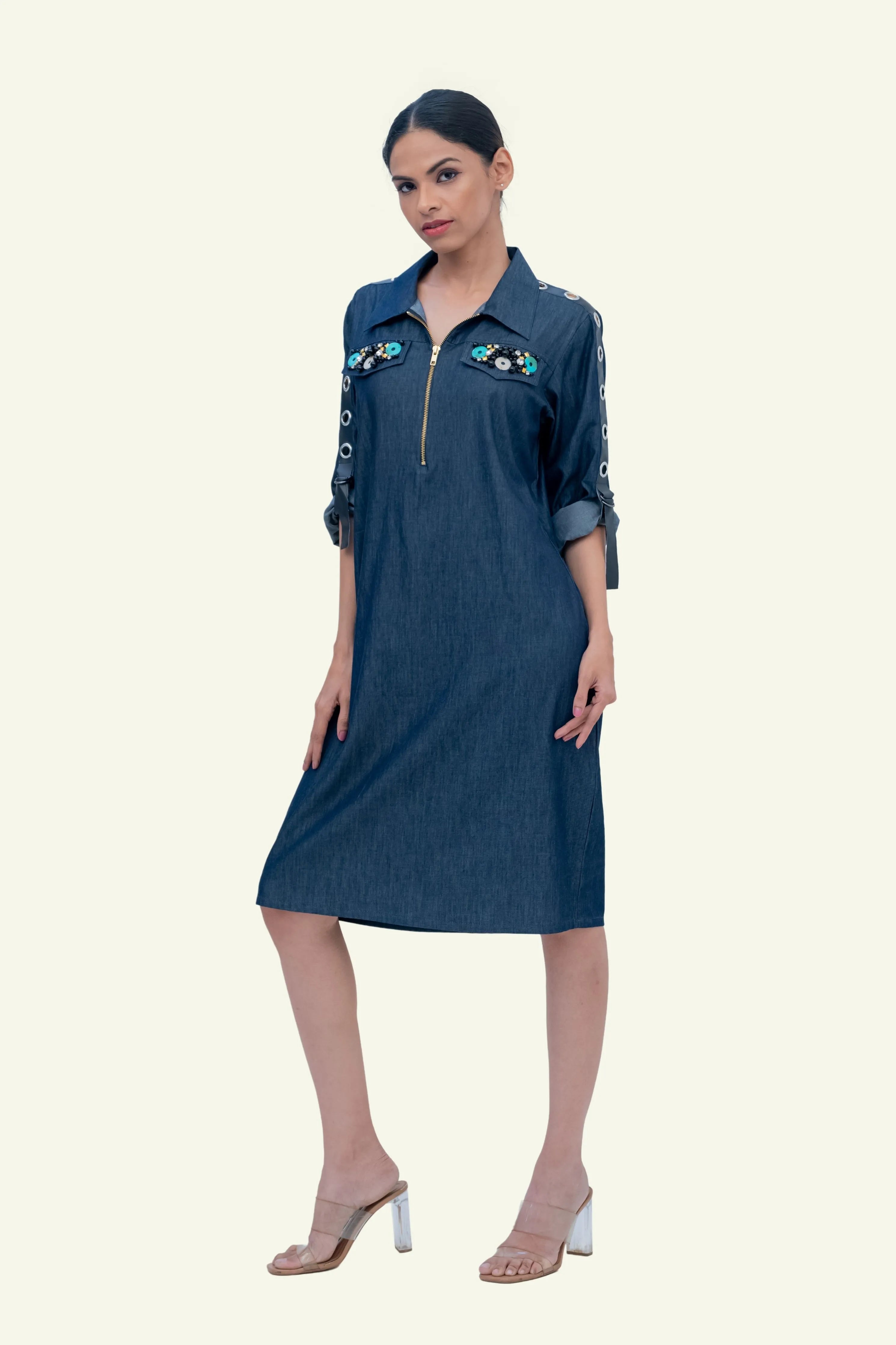 Denim Cotton Dress with Embroidery on Pockets