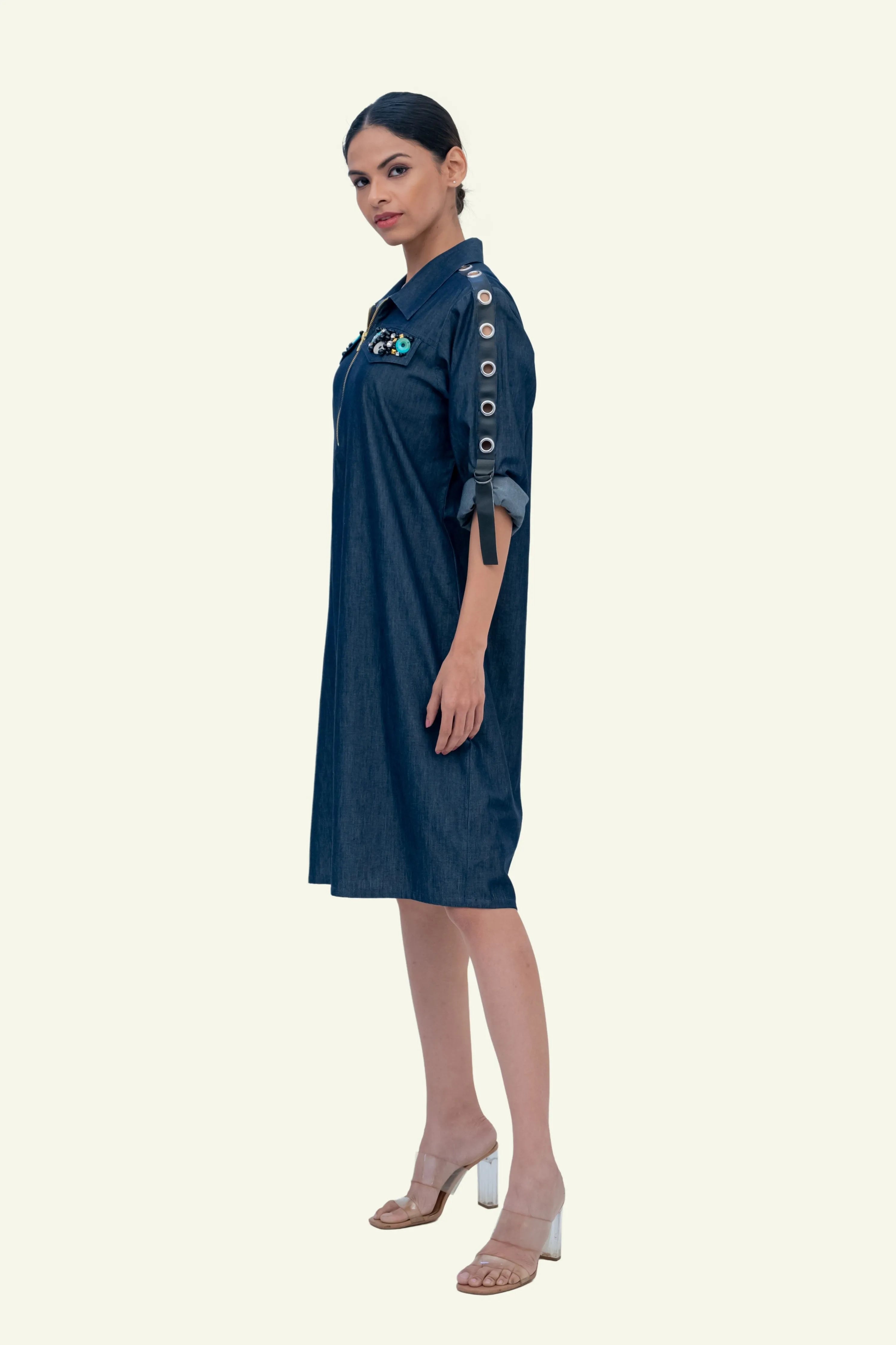 Denim Cotton Dress with Embroidery on Pockets