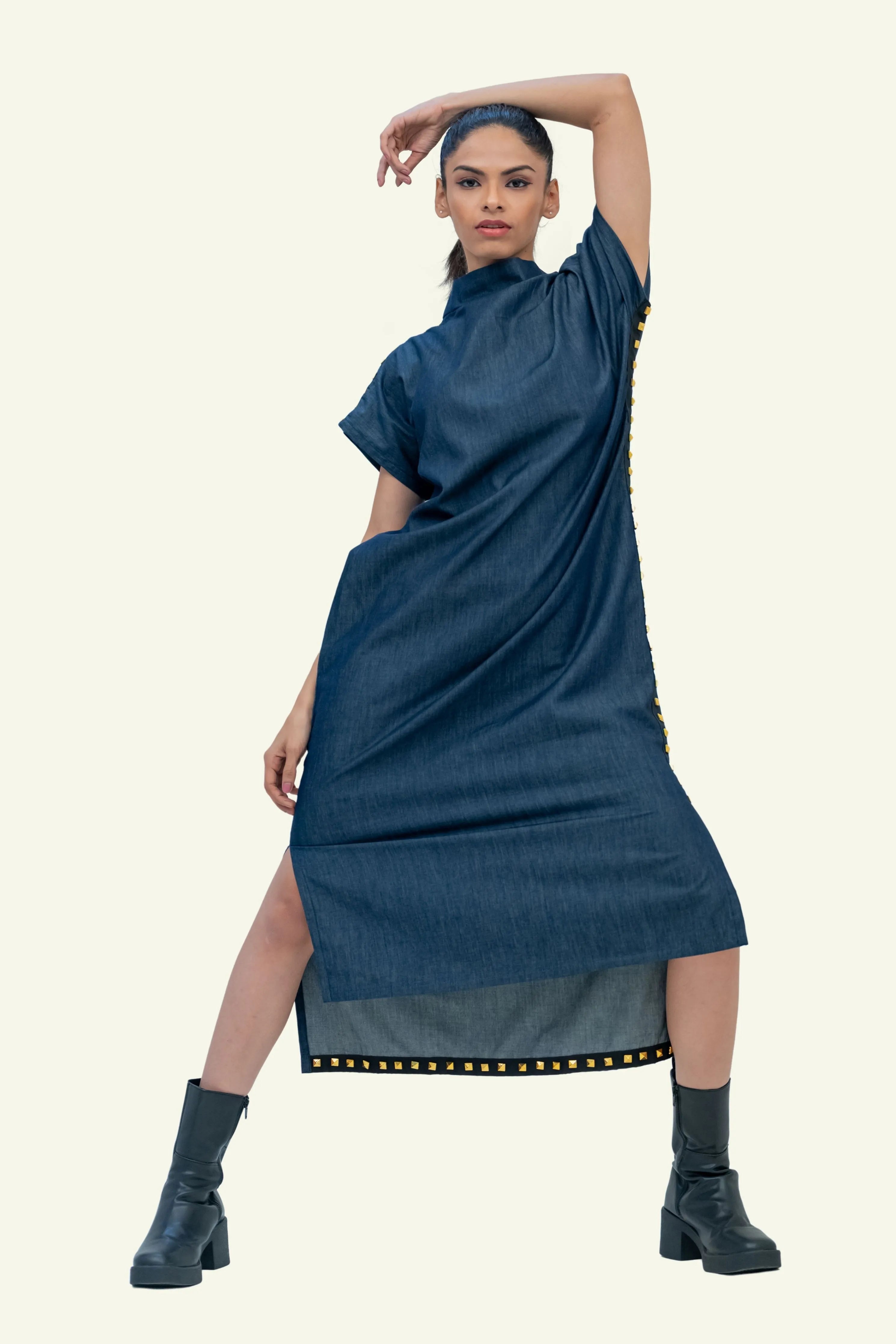 Denim Cotton Midi Dress with Stud Work