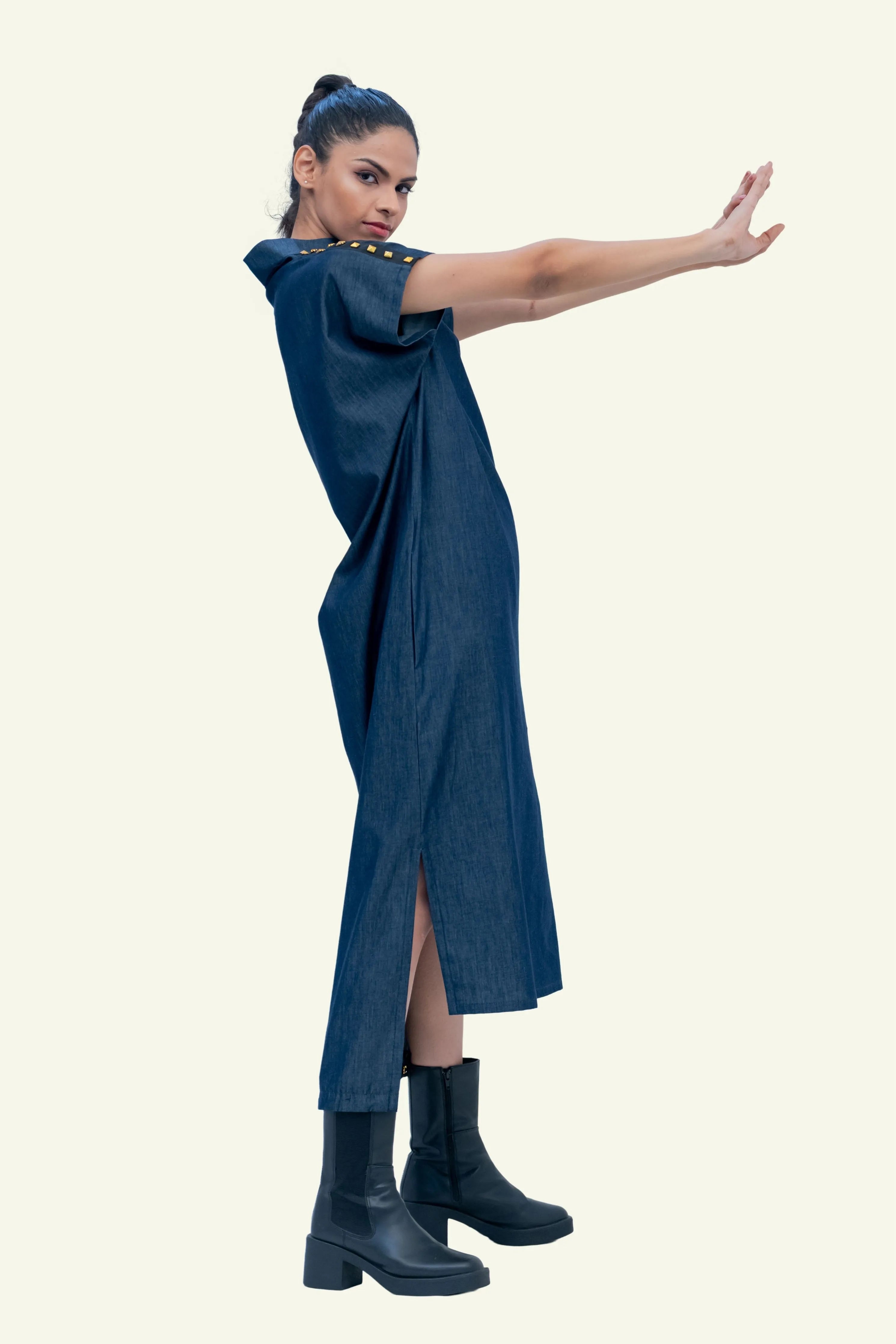Denim Cotton Midi Dress with Stud Work