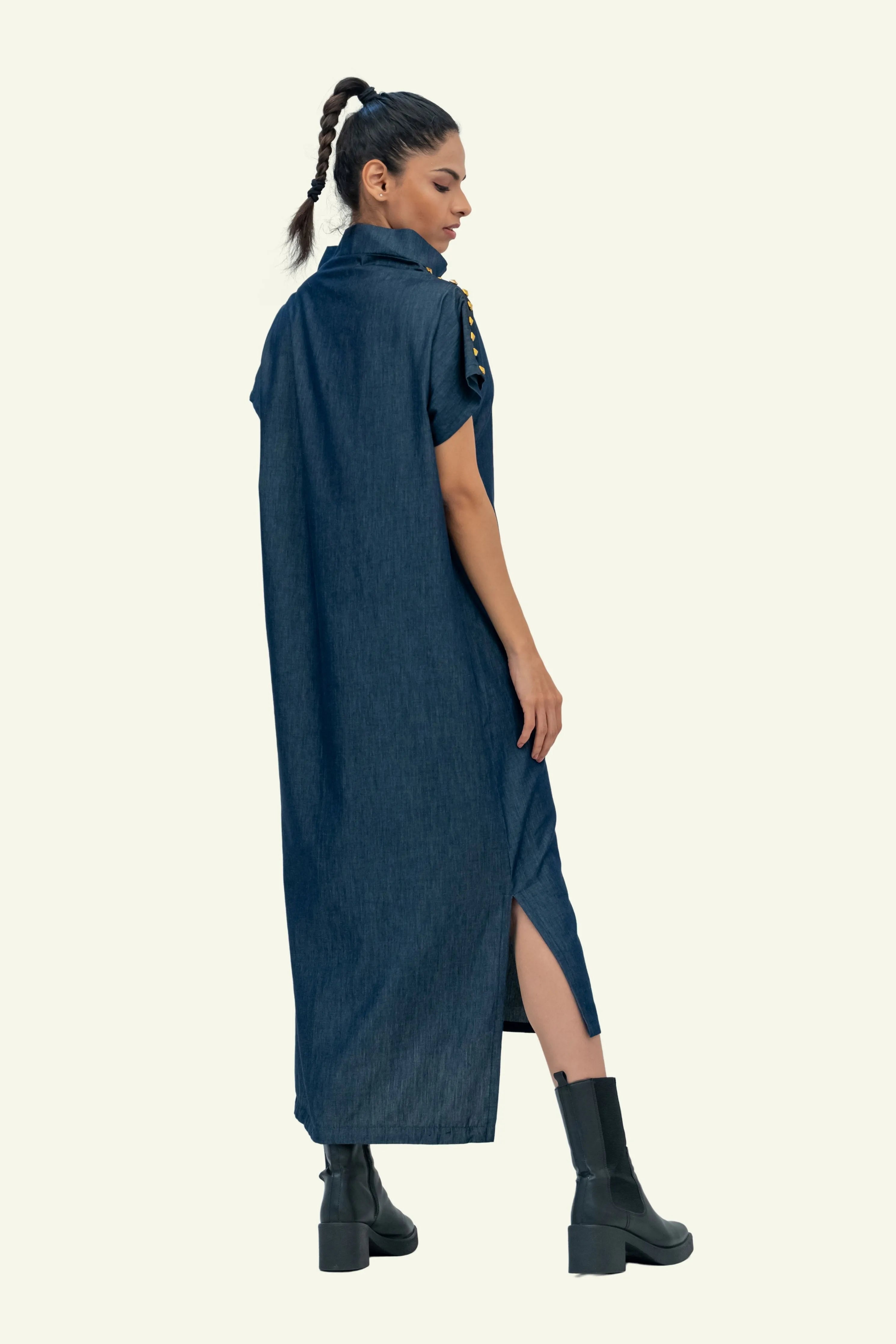 Denim Cotton Midi Dress with Stud Work