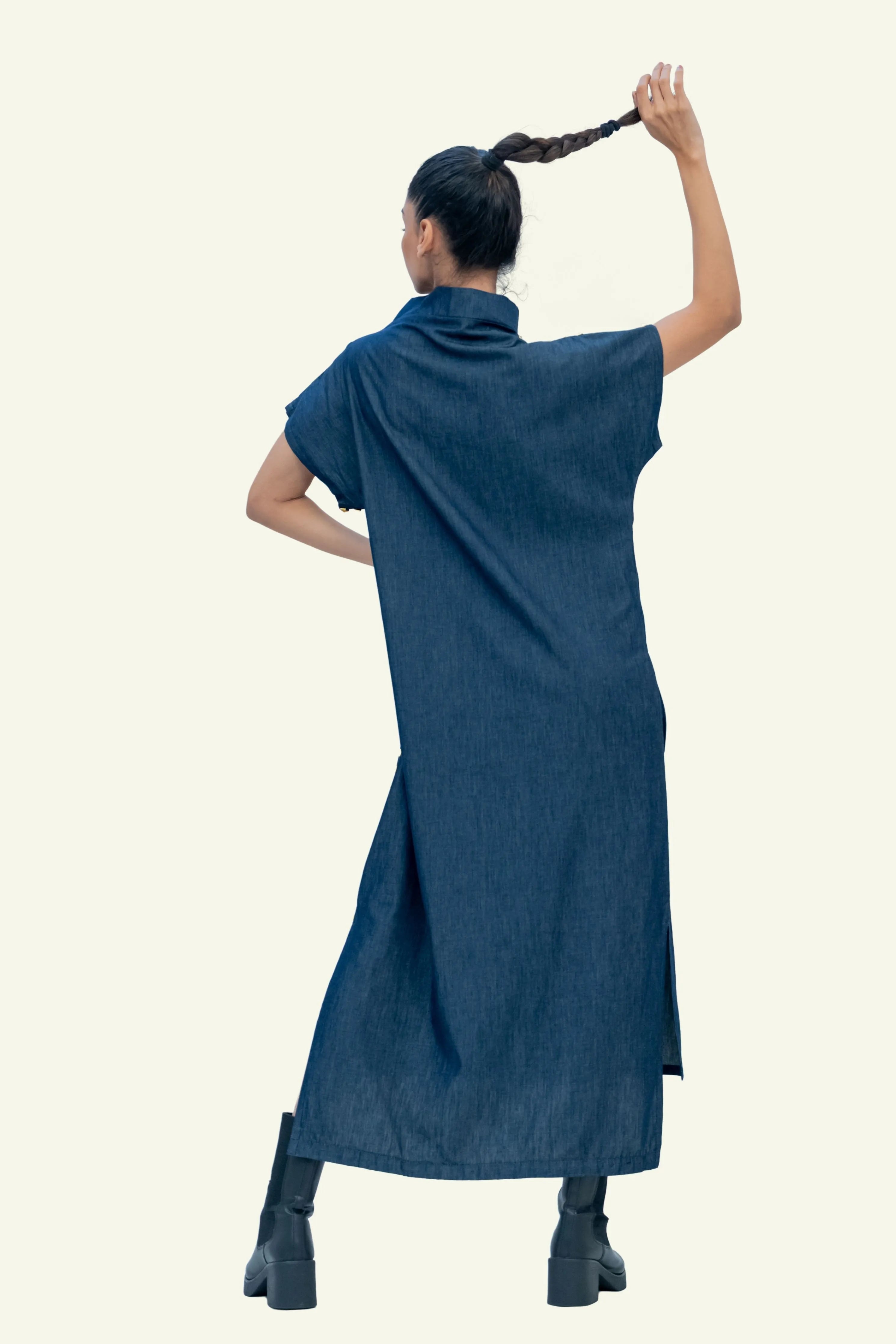 Denim Cotton Midi Dress with Stud Work