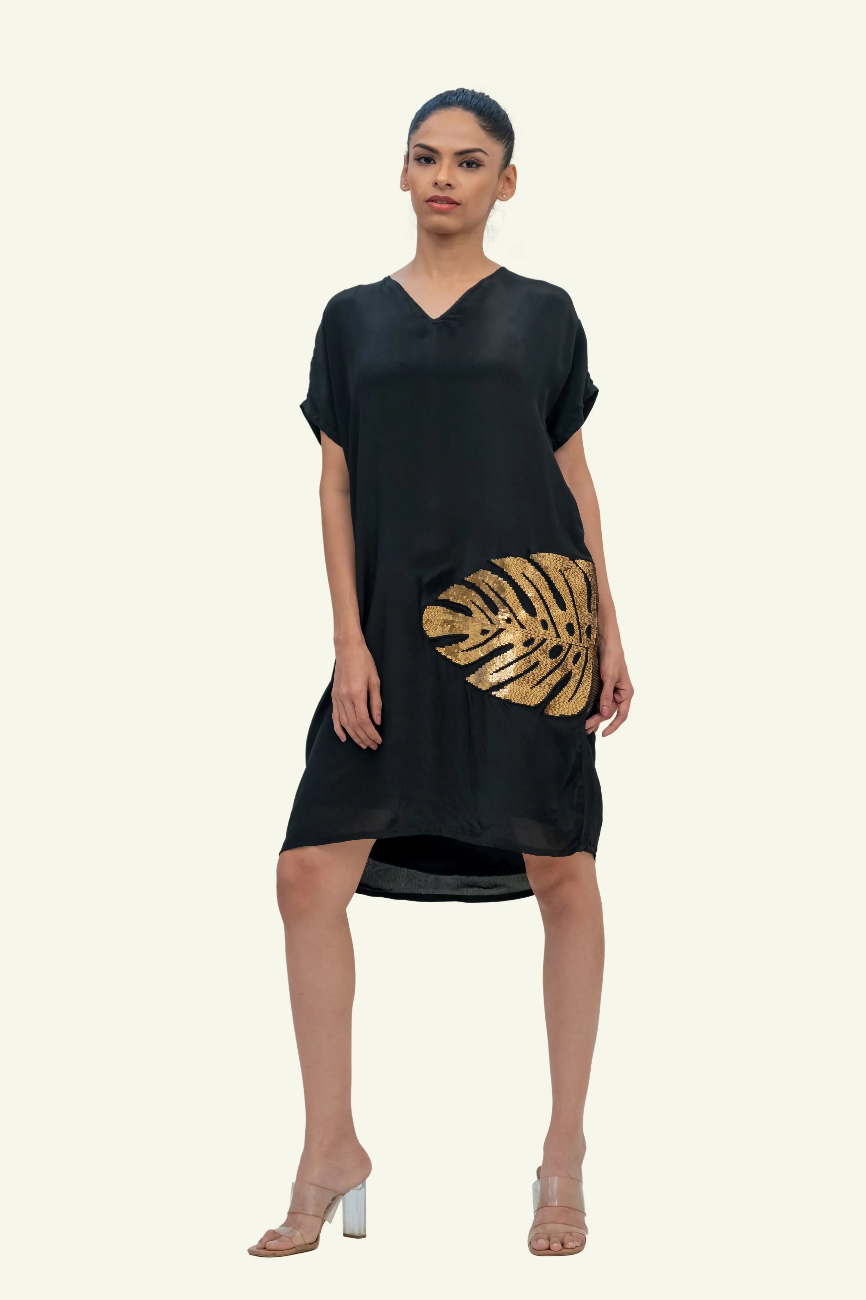 Black Crepe Dress with Dull Gold Embroidery