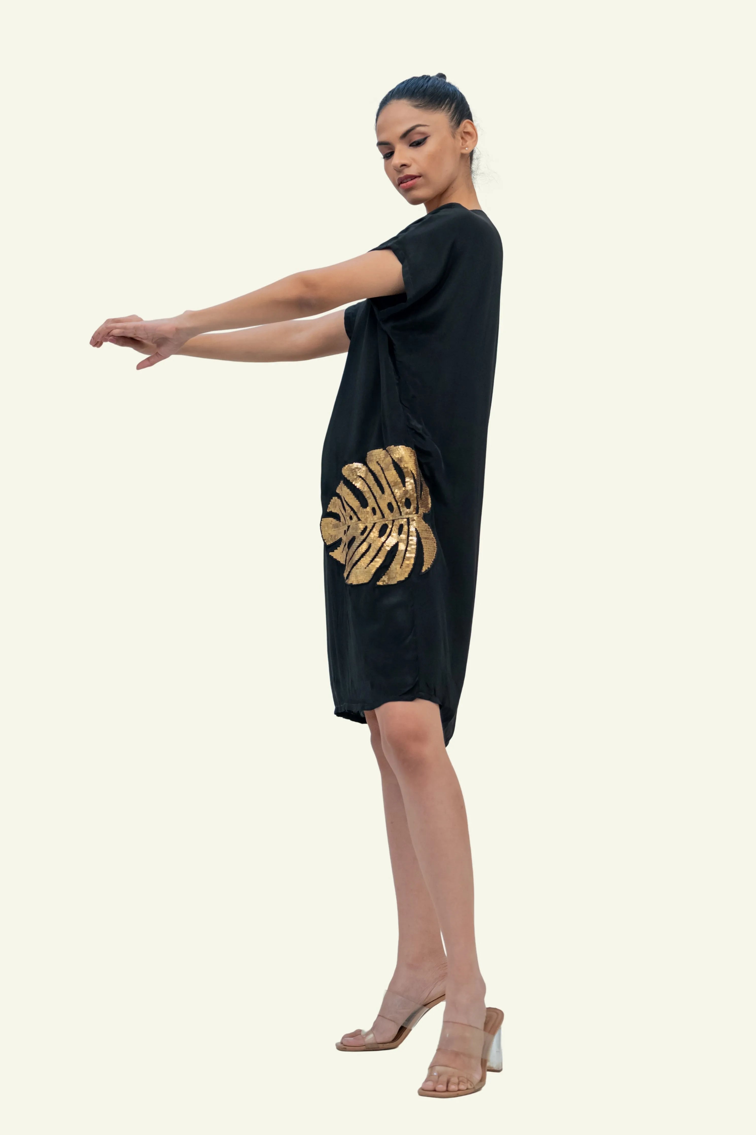 Black Crepe Dress with Dull Gold Embroidery