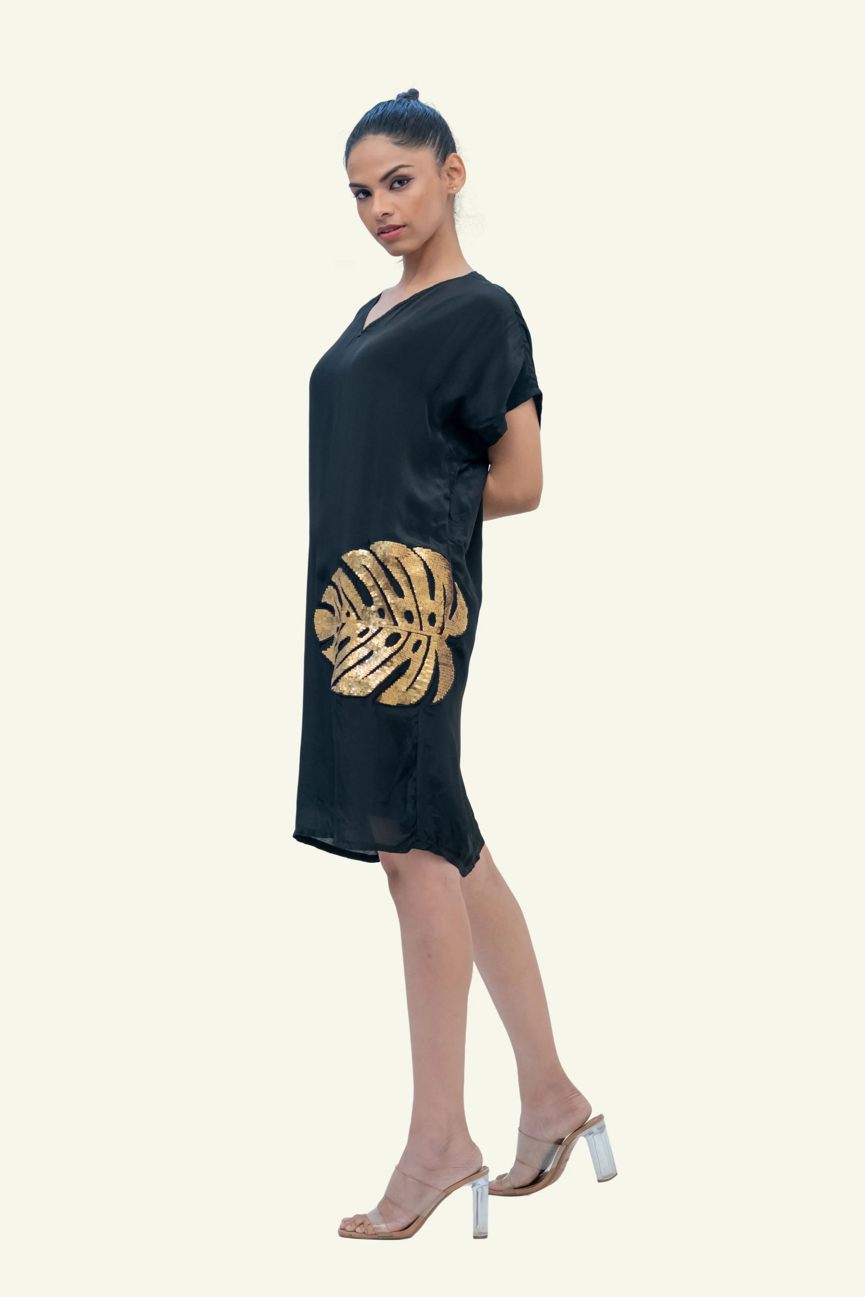 Black Crepe Dress with Dull Gold Embroidery