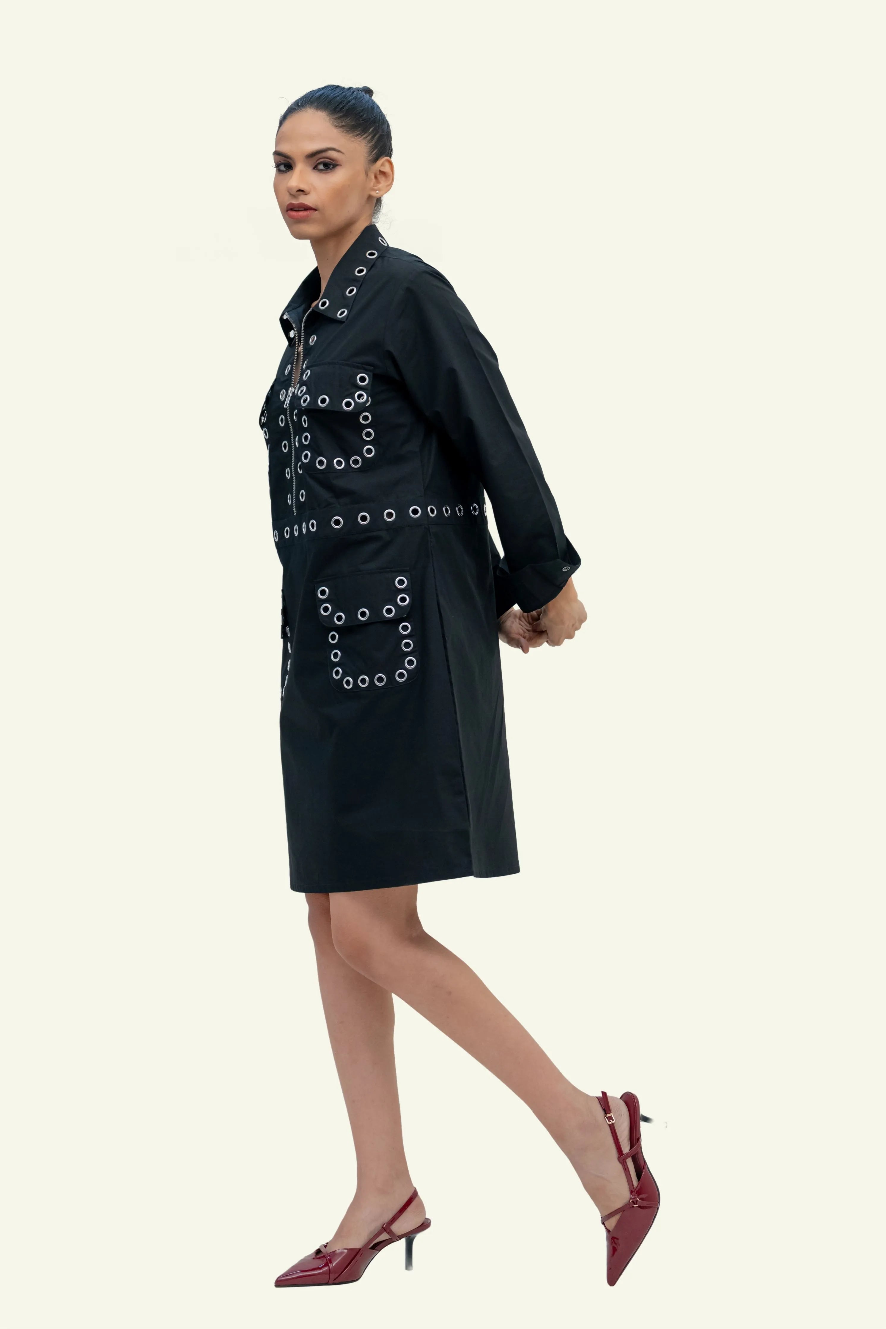 Black Cotton Dress with Eyelets