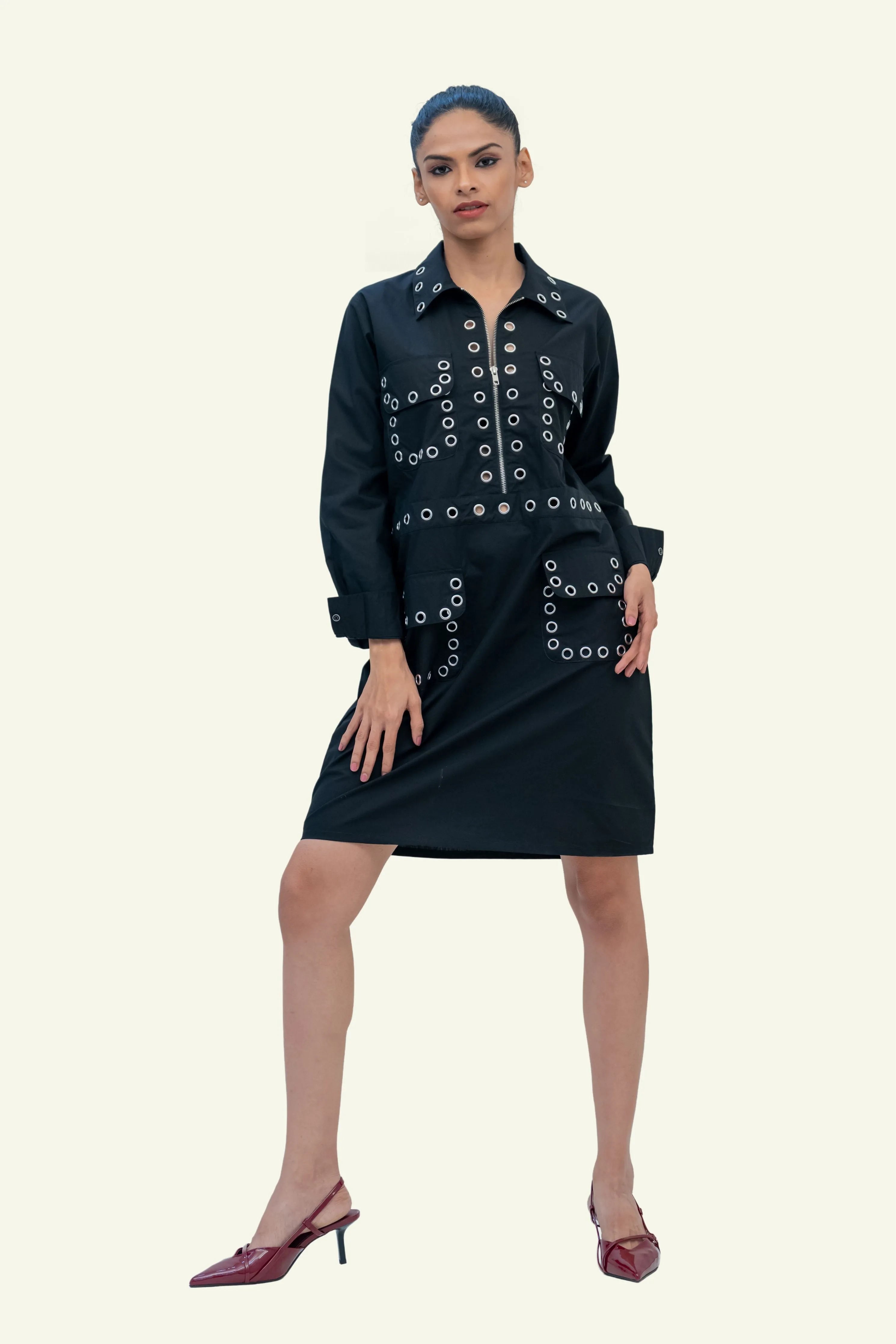 Black Cotton Dress with Eyelets