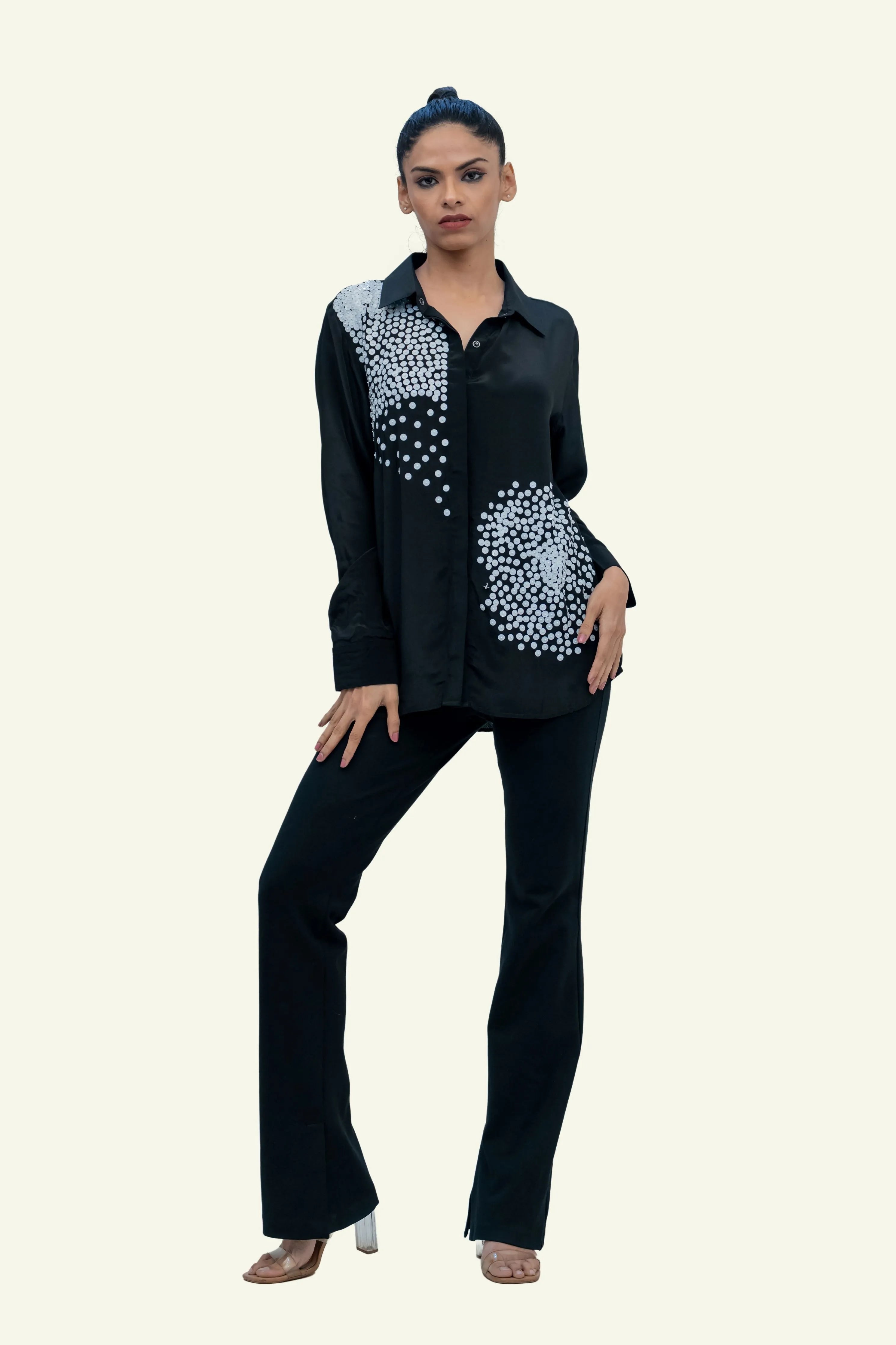 Black Crepe Shirt with Sequin Embroidery