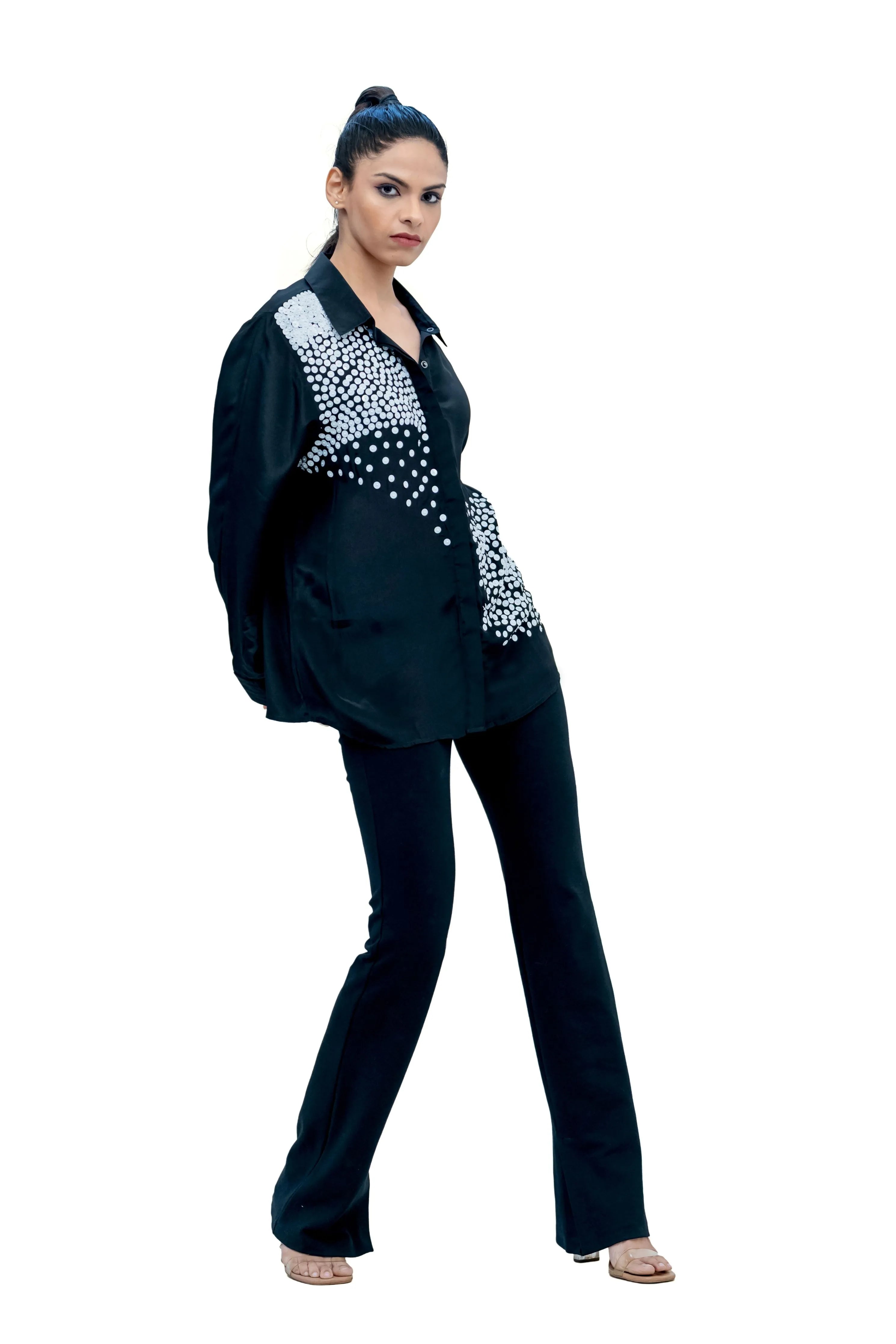 Black Crepe Shirt with Sequin Embroidery