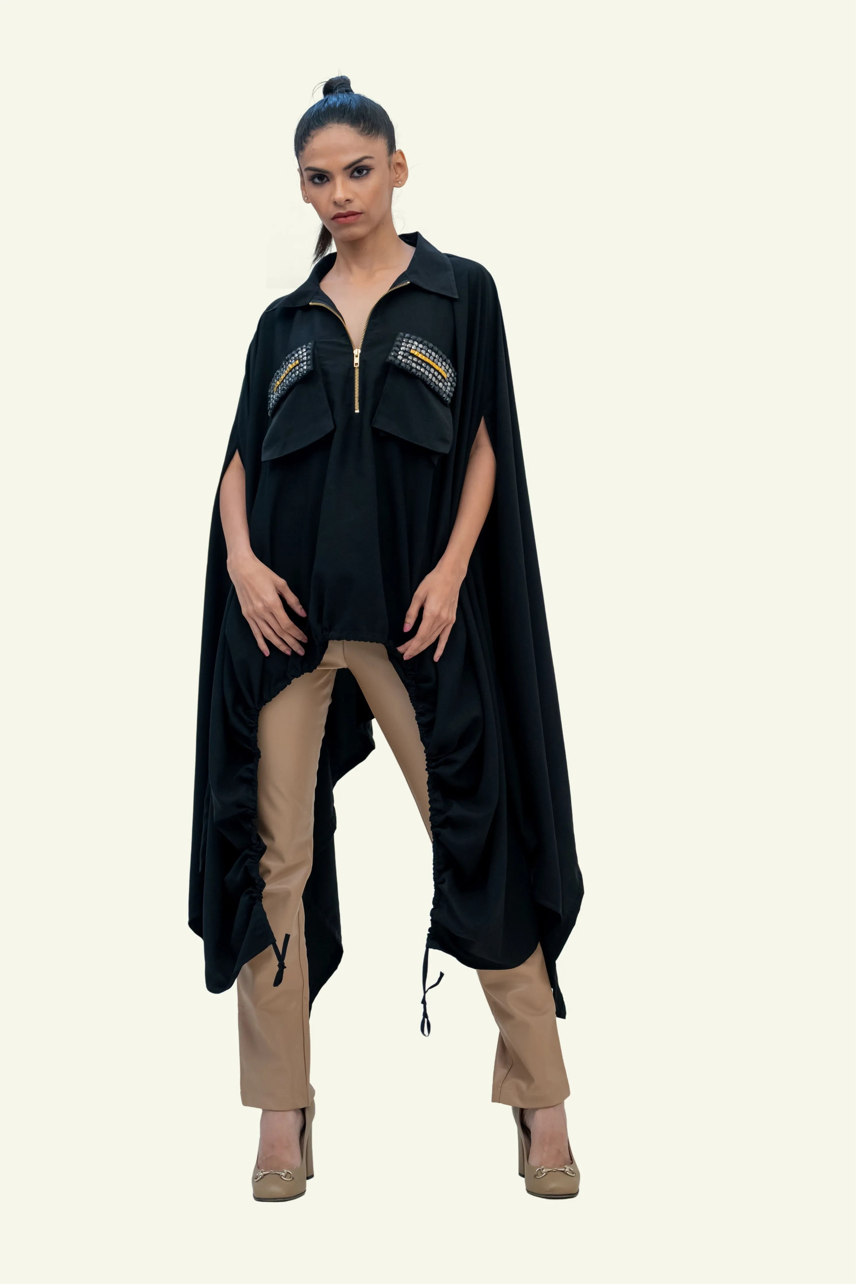 Black Drawstring Cape with Embroidery on Pockets