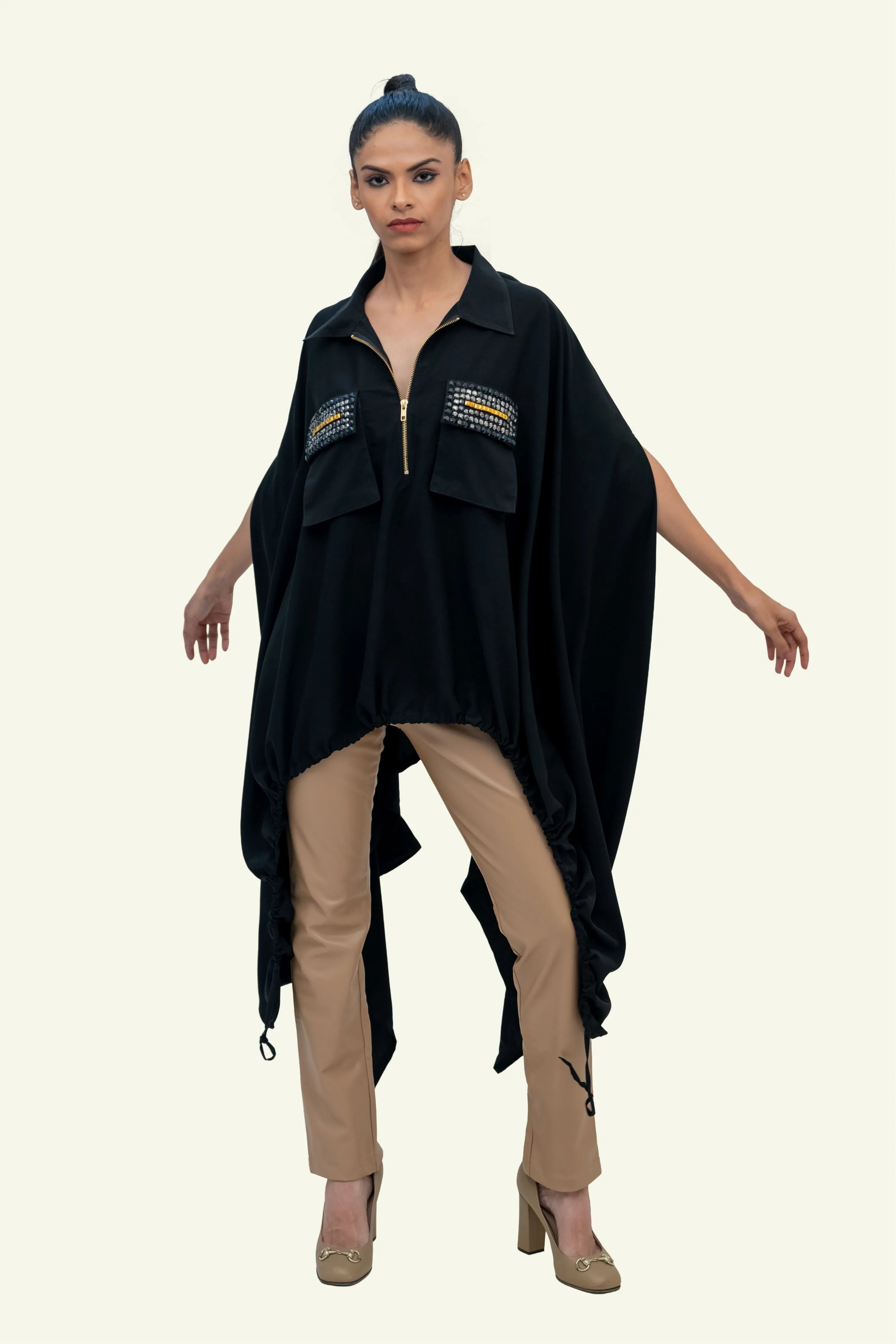 Black Drawstring Cape with Embroidery on Pockets