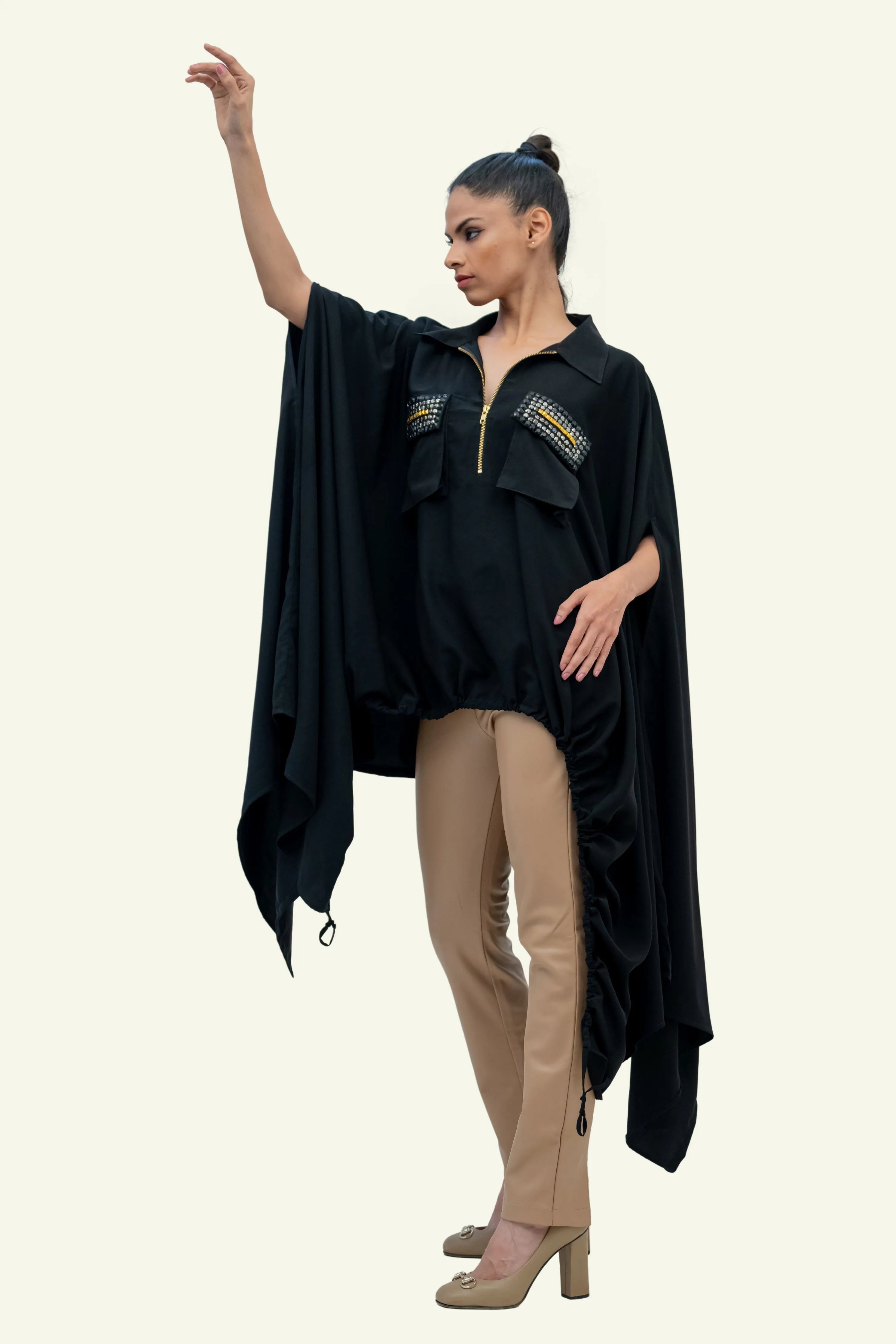 Black Drawstring Cape with Embroidery on Pockets