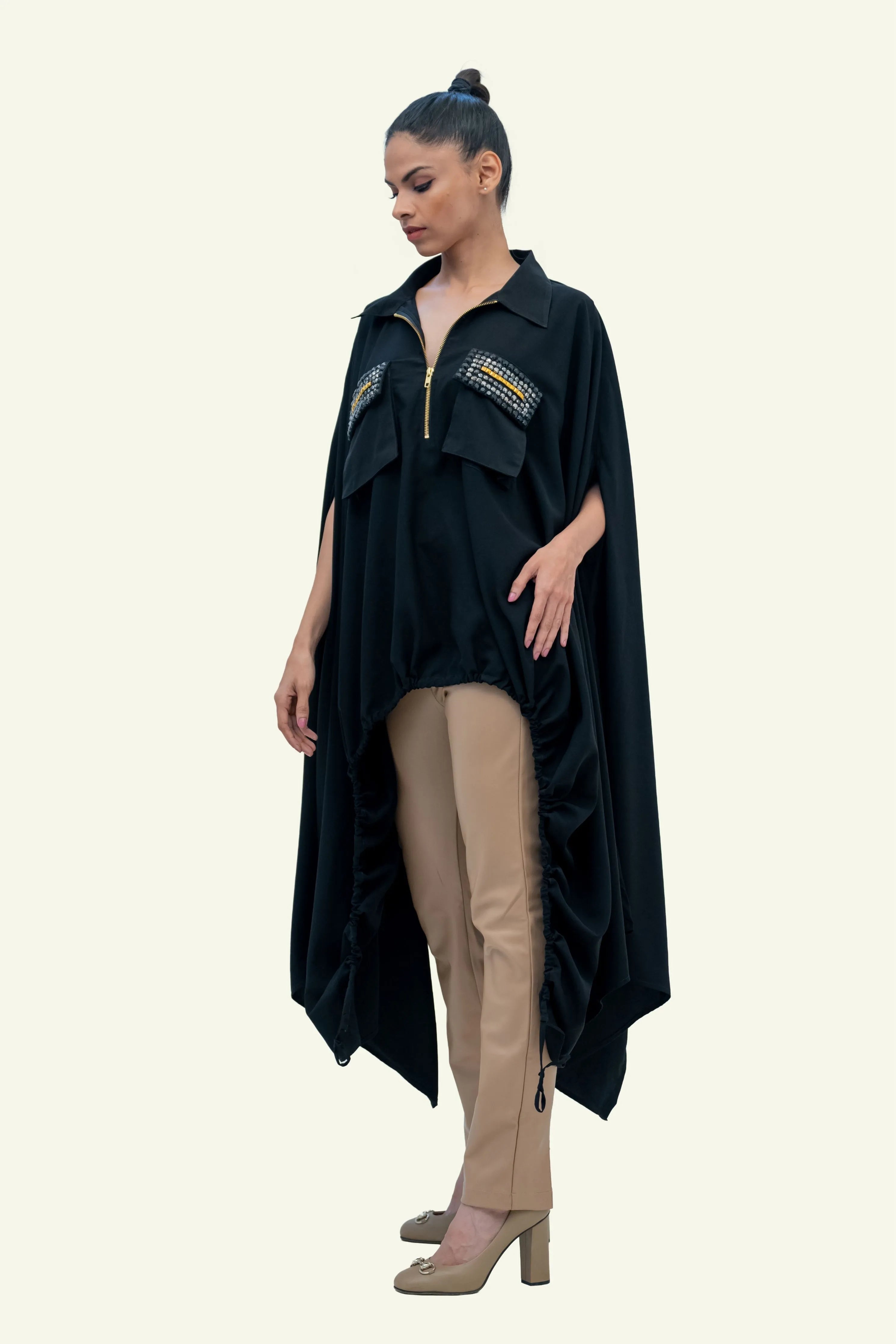 Black Drawstring Cape with Embroidery on Pockets