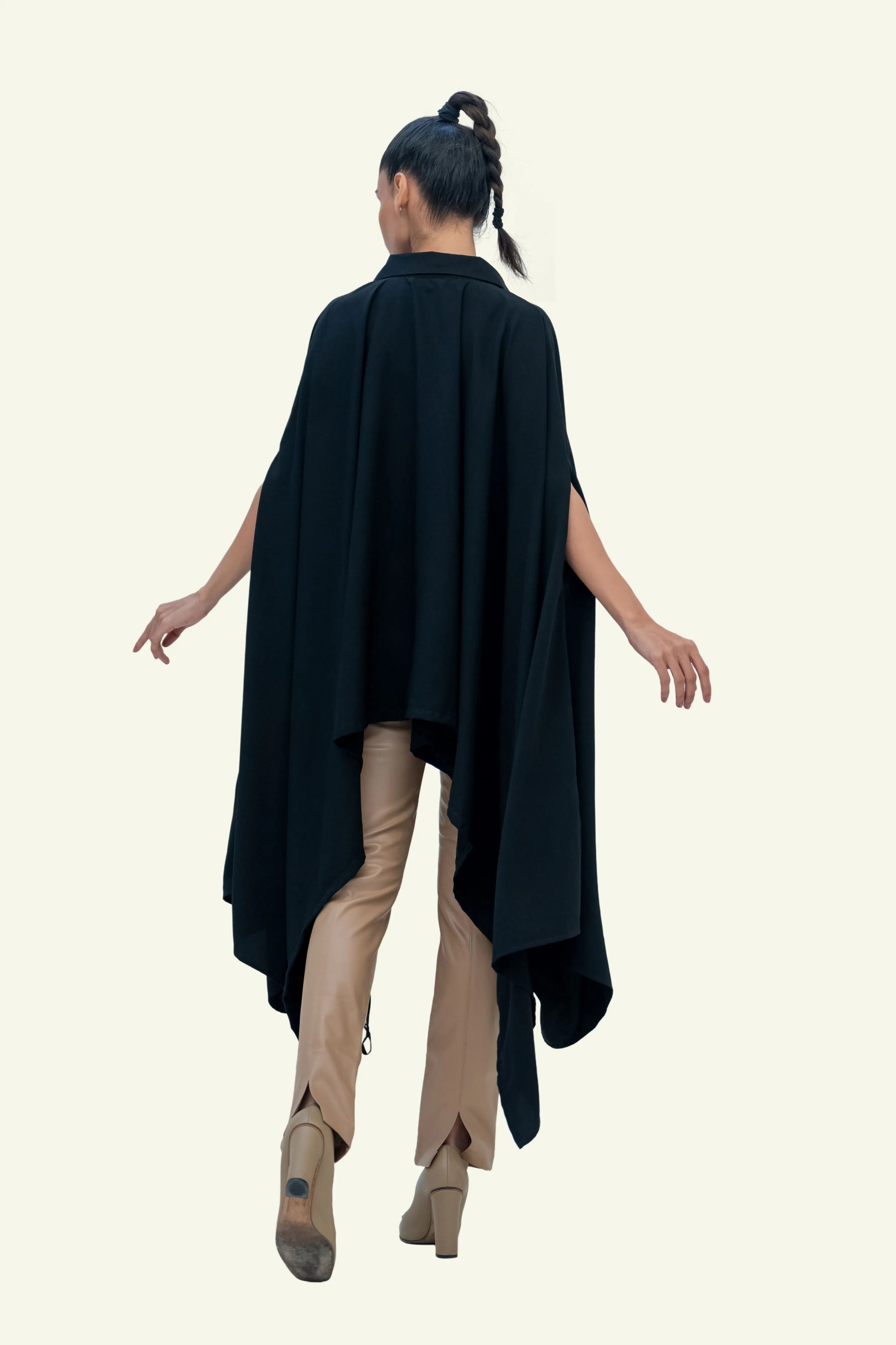 Black Drawstring Cape with Embroidery on Pockets