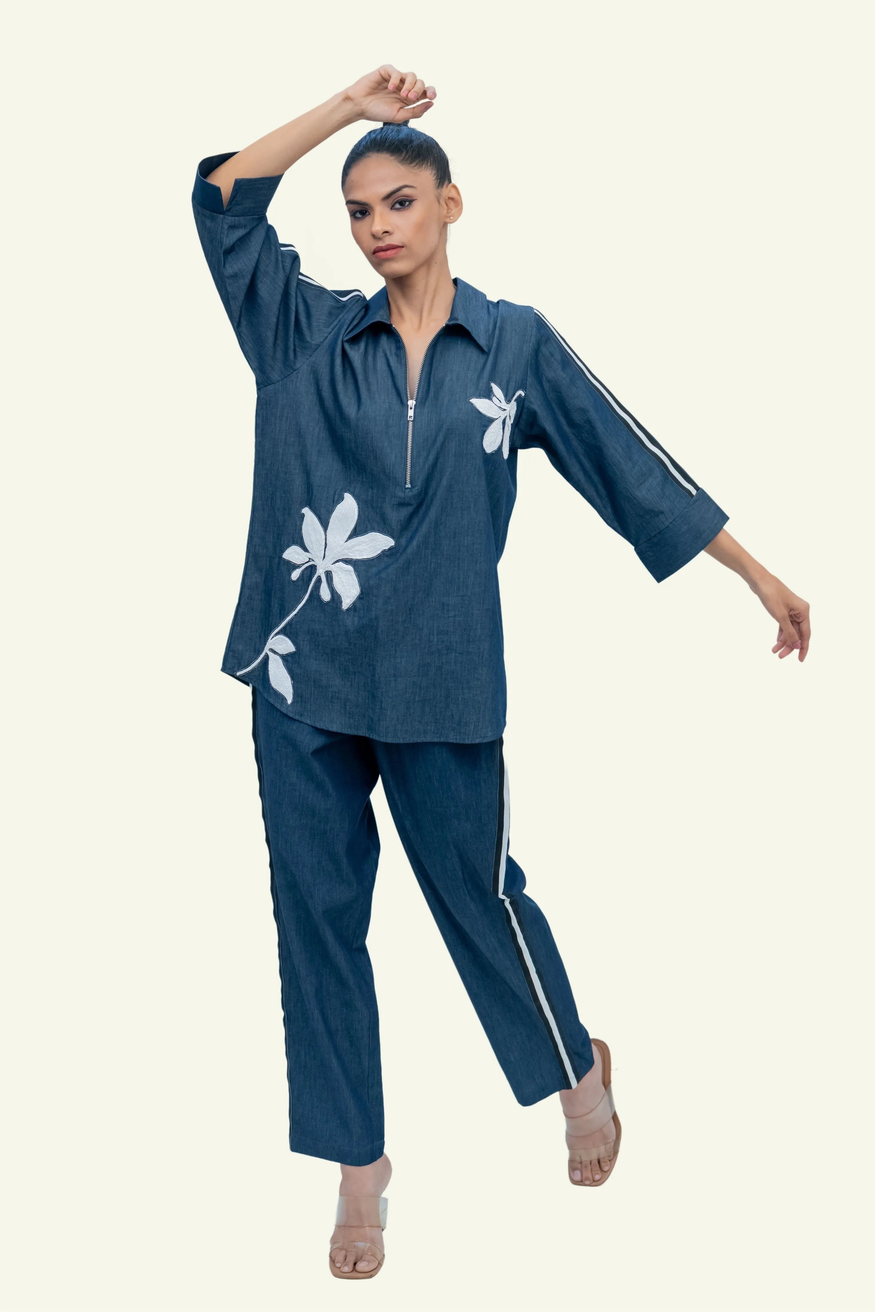 Blue Denim Cotton Shirt with Embroidery