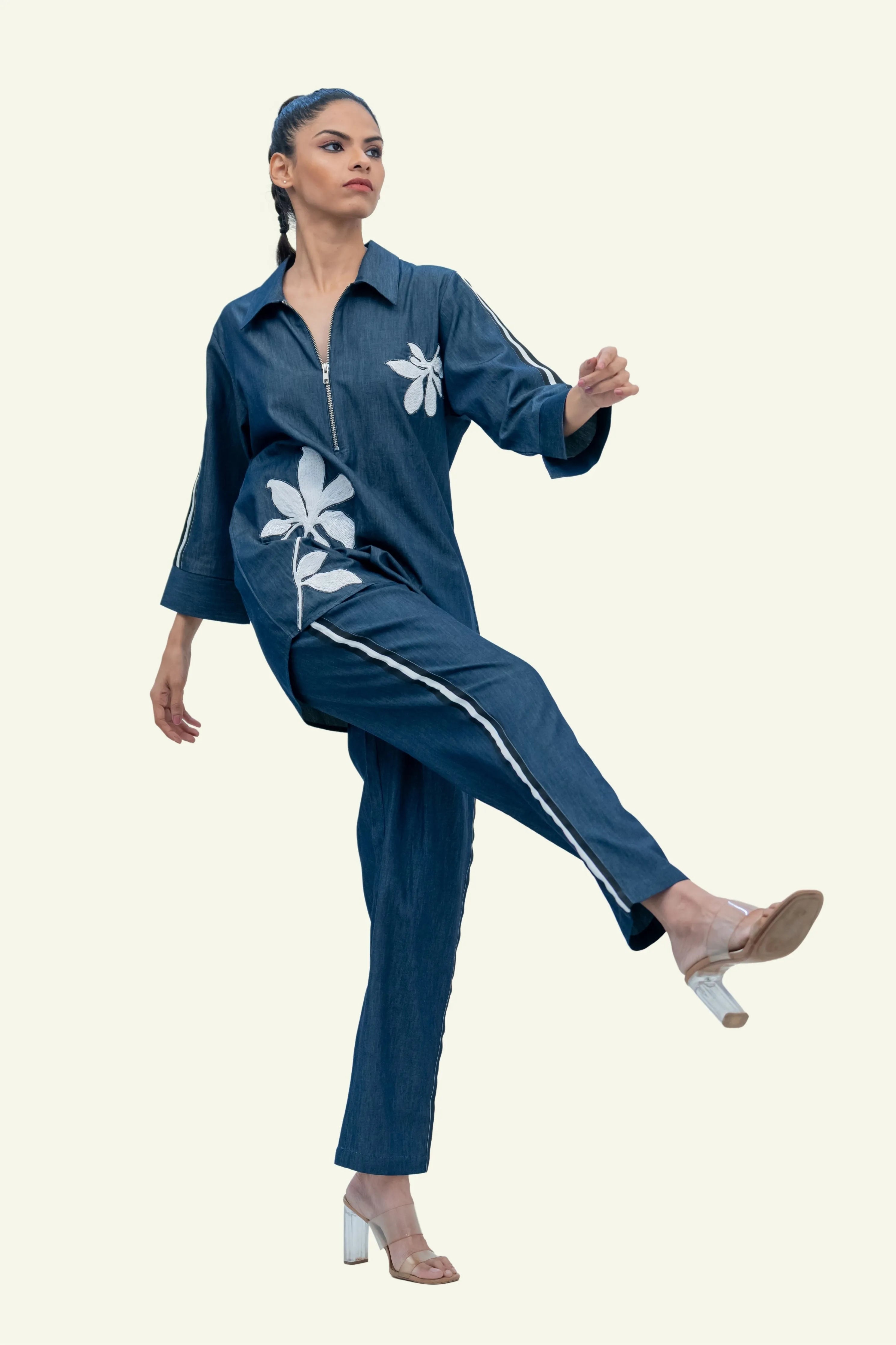 Blue Denim Cotton Shirt with Embroidery