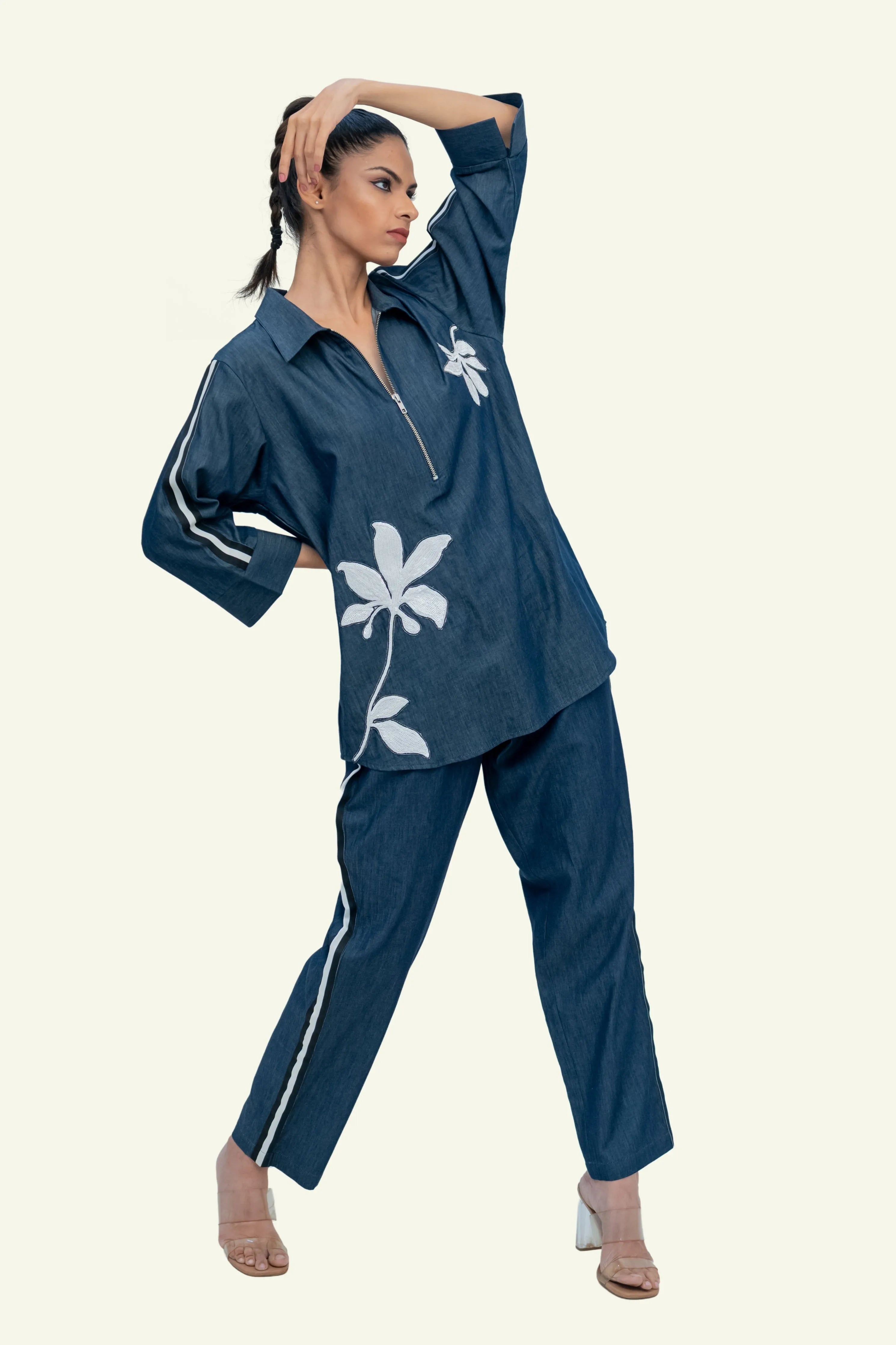 Blue Denim Cotton Shirt with Pants Co-ord Set with Embroidery