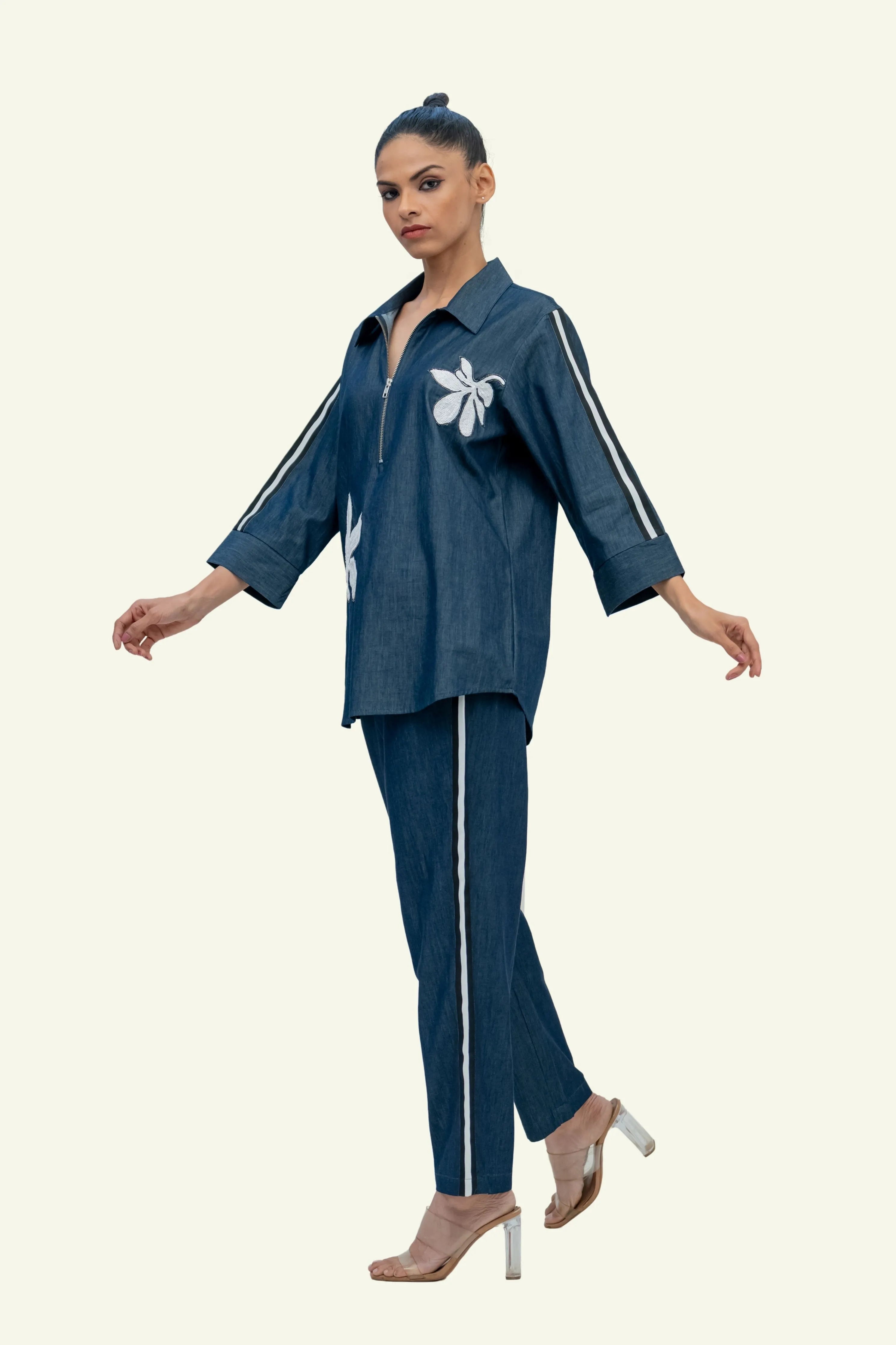 Blue Denim Cotton Shirt with Pants Co-ord Set with Embroidery