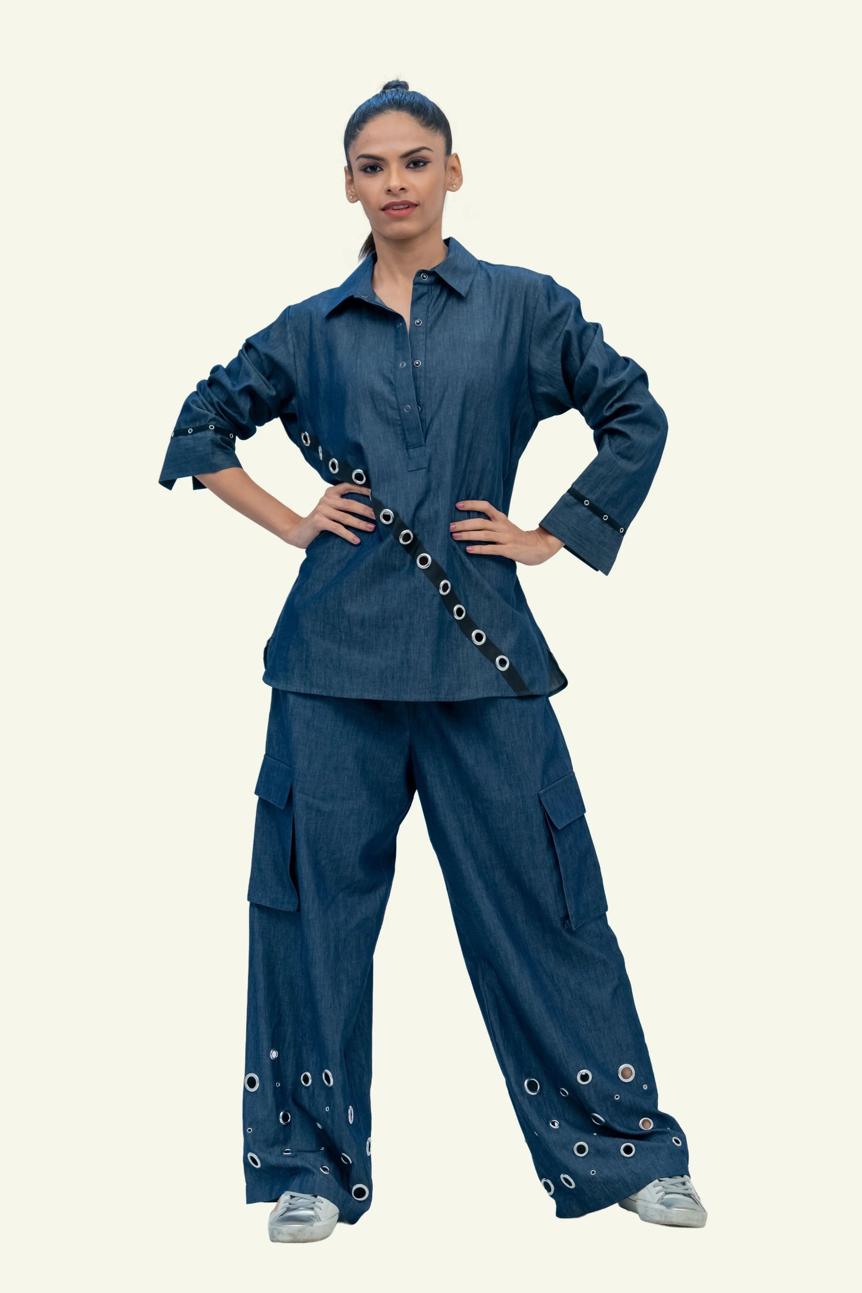 Blue Denim Cotton Oversized Shirt with Embroidery