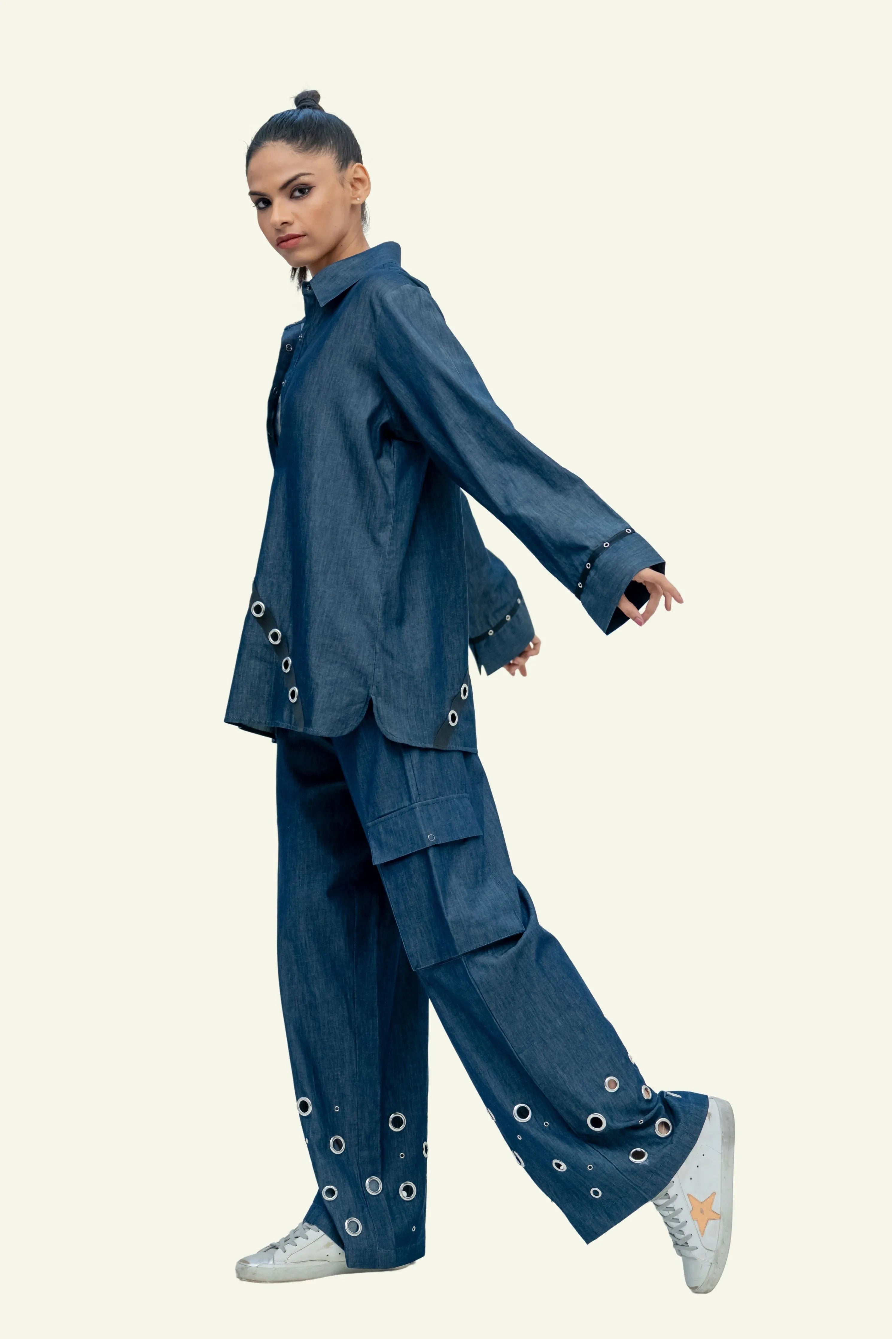 Blue Denim Cotton Oversized Shirt with Embroidery