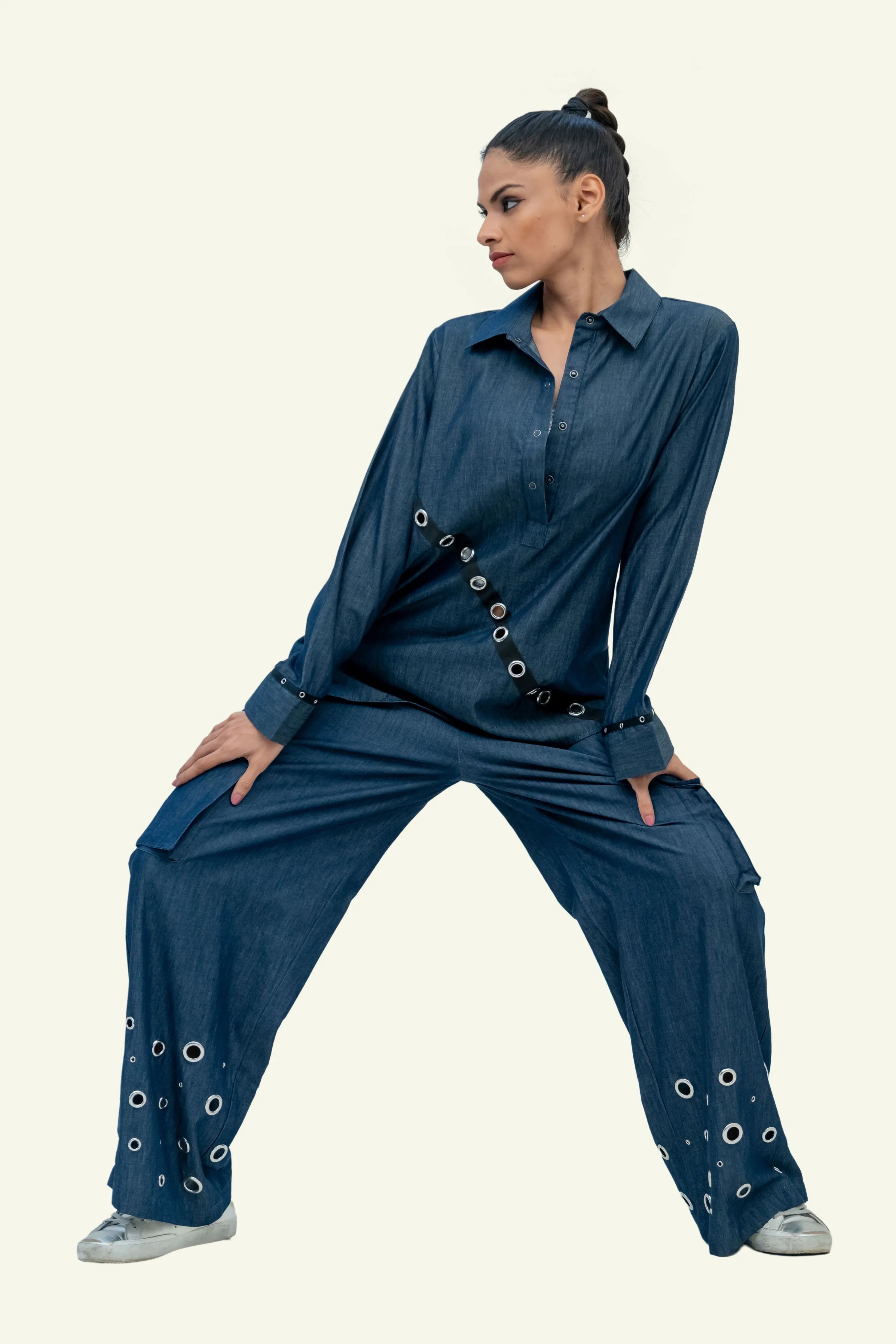 Blue Denim Cotton Shirt and Cargo Pants Co-ord Set with Eyelets