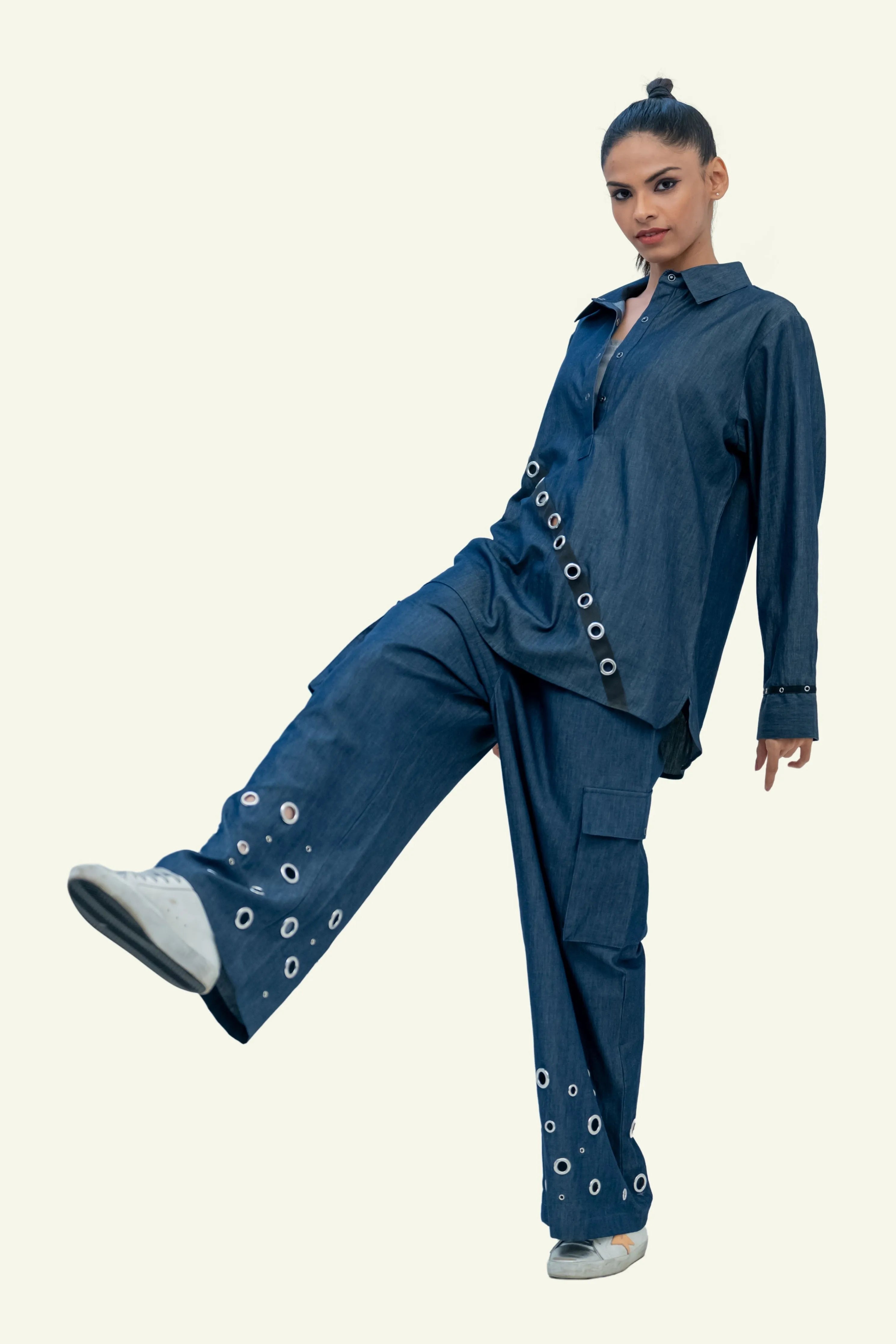 Blue Denim Cotton Oversized Shirt with Embroidery