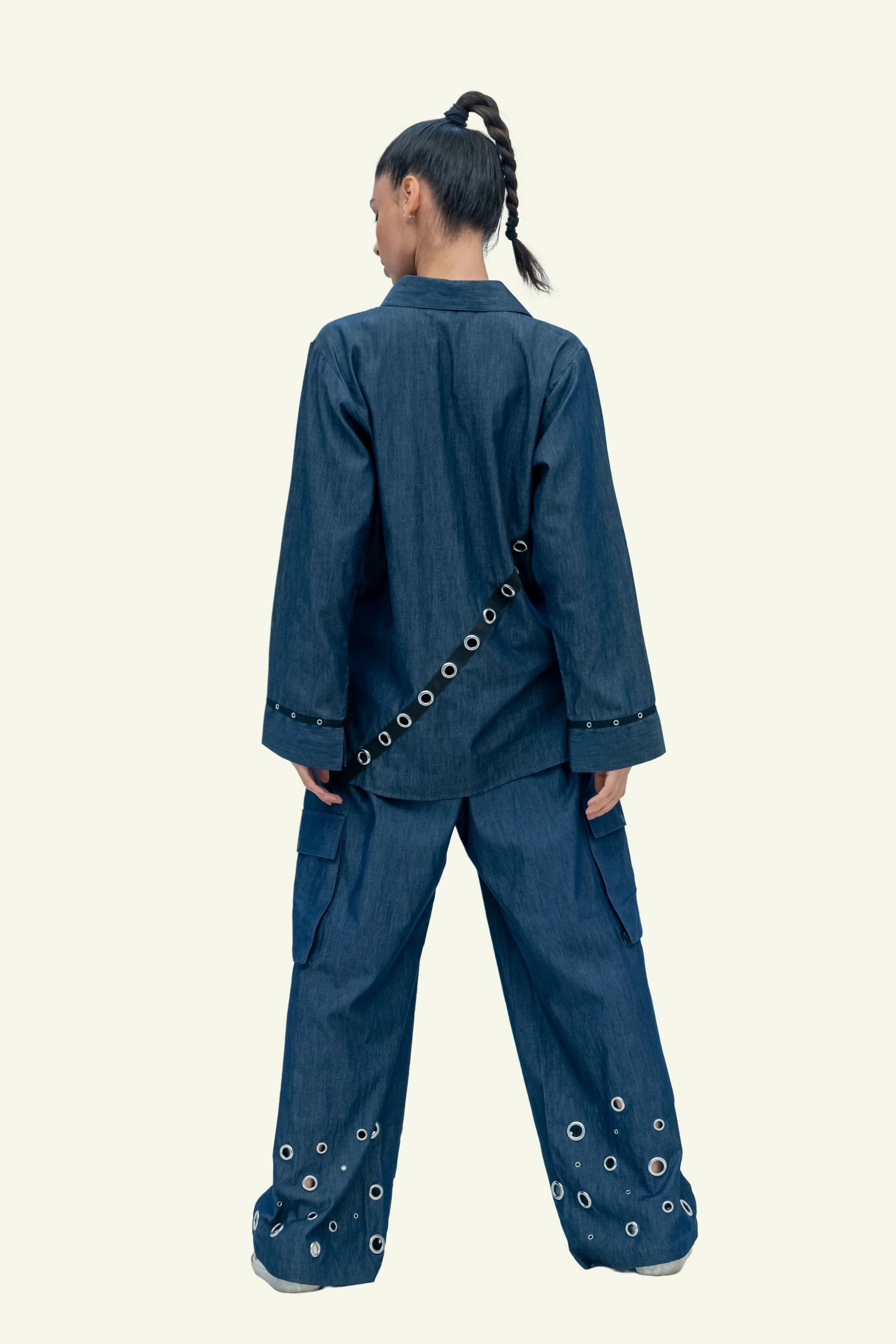 Blue Denim Cotton Oversized Shirt with Embroidery