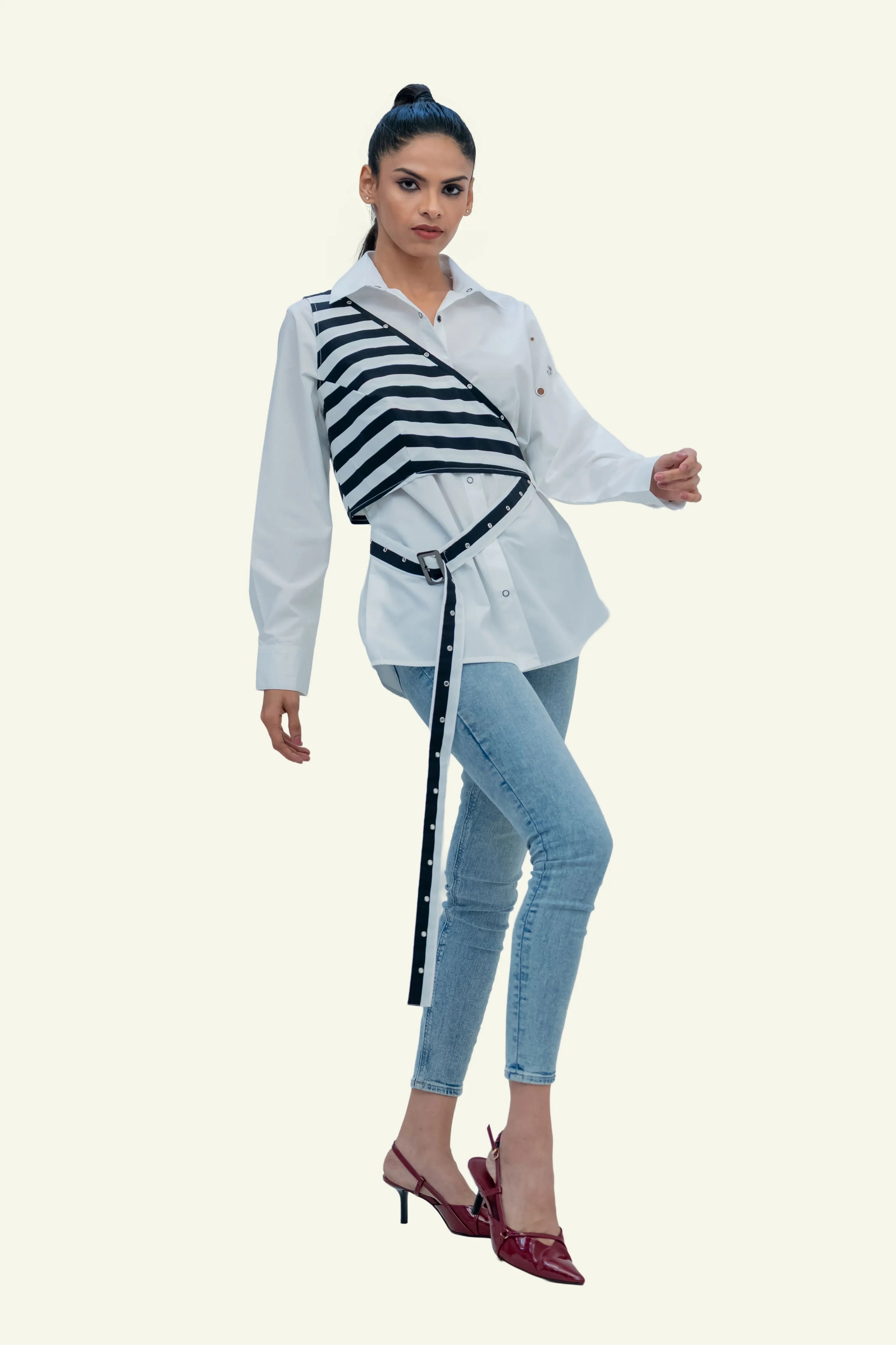 White Cotton Shirt with Stripped Vest