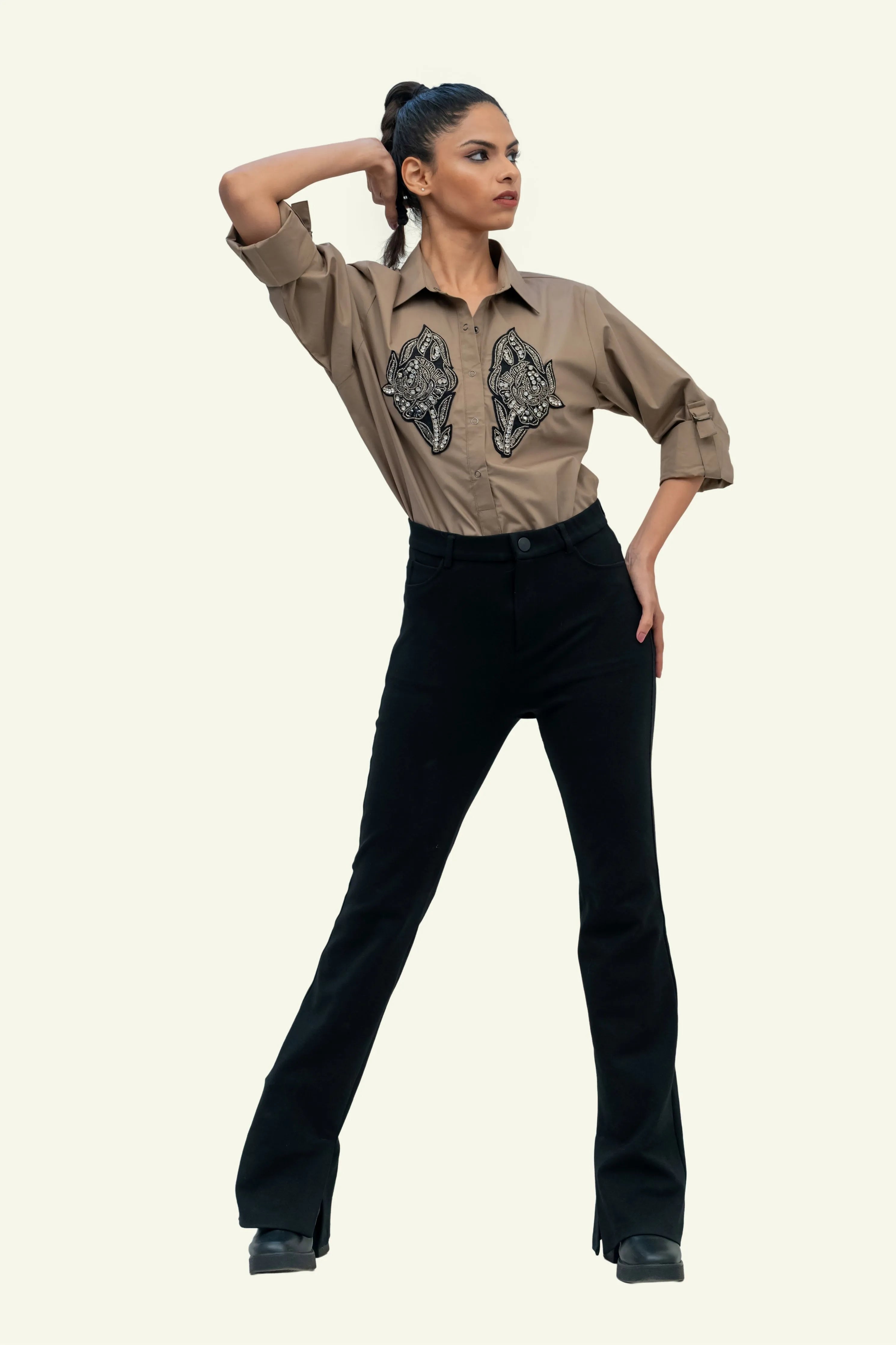 Brown Cotton Shirt with Embroidery