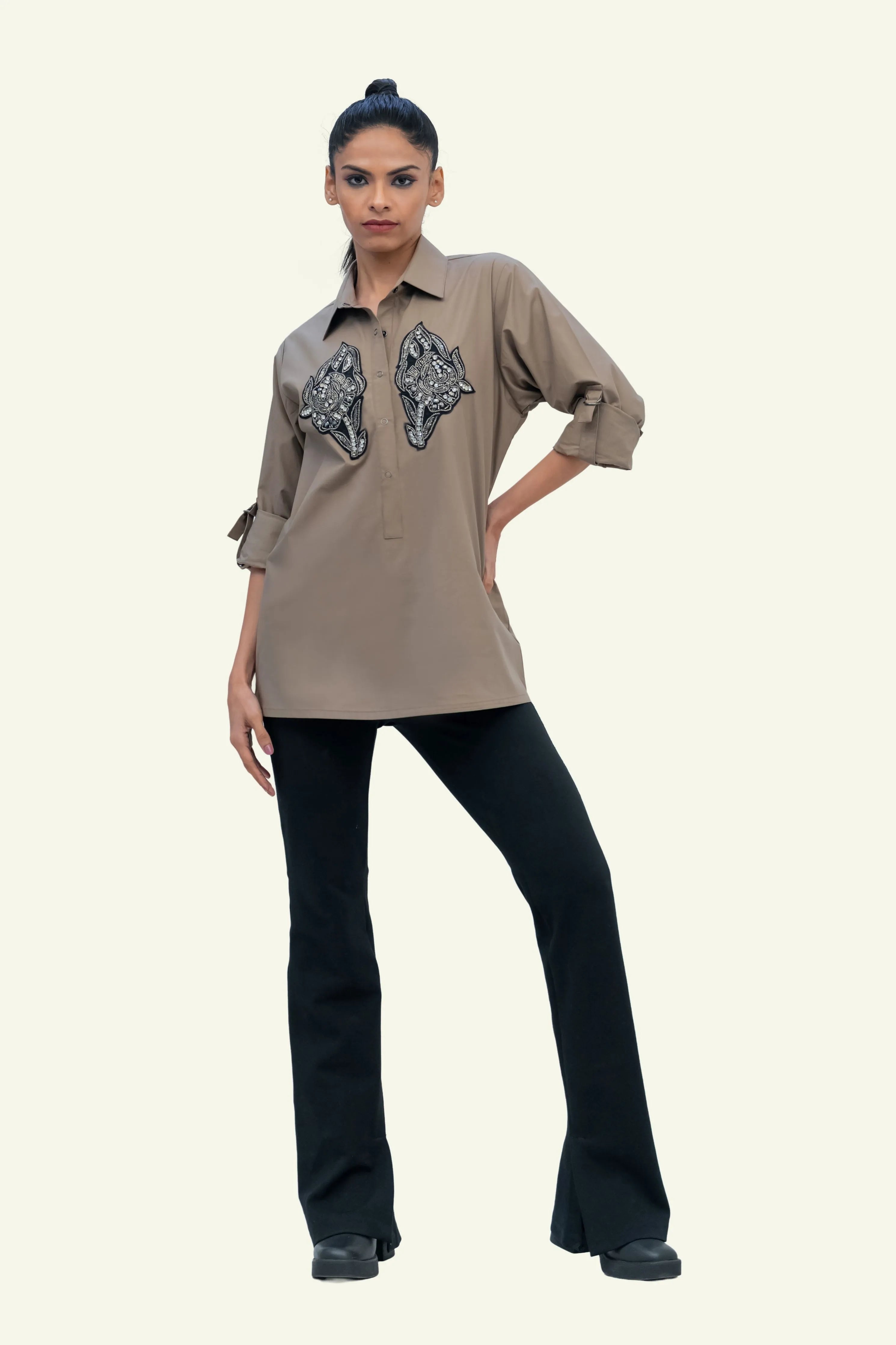 Brown Cotton Shirt with Embroidery