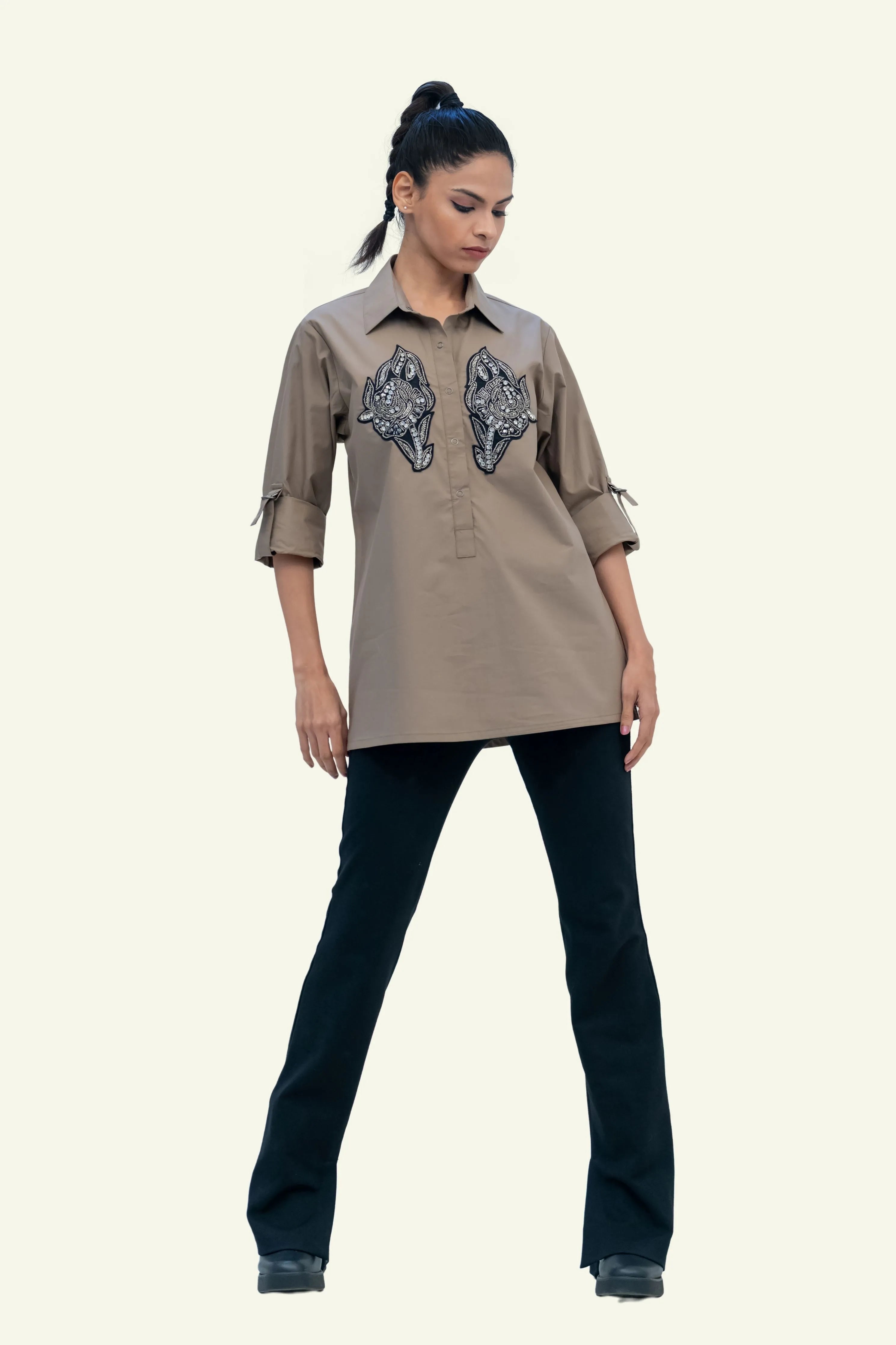 Brown Cotton Shirt with Embroidery
