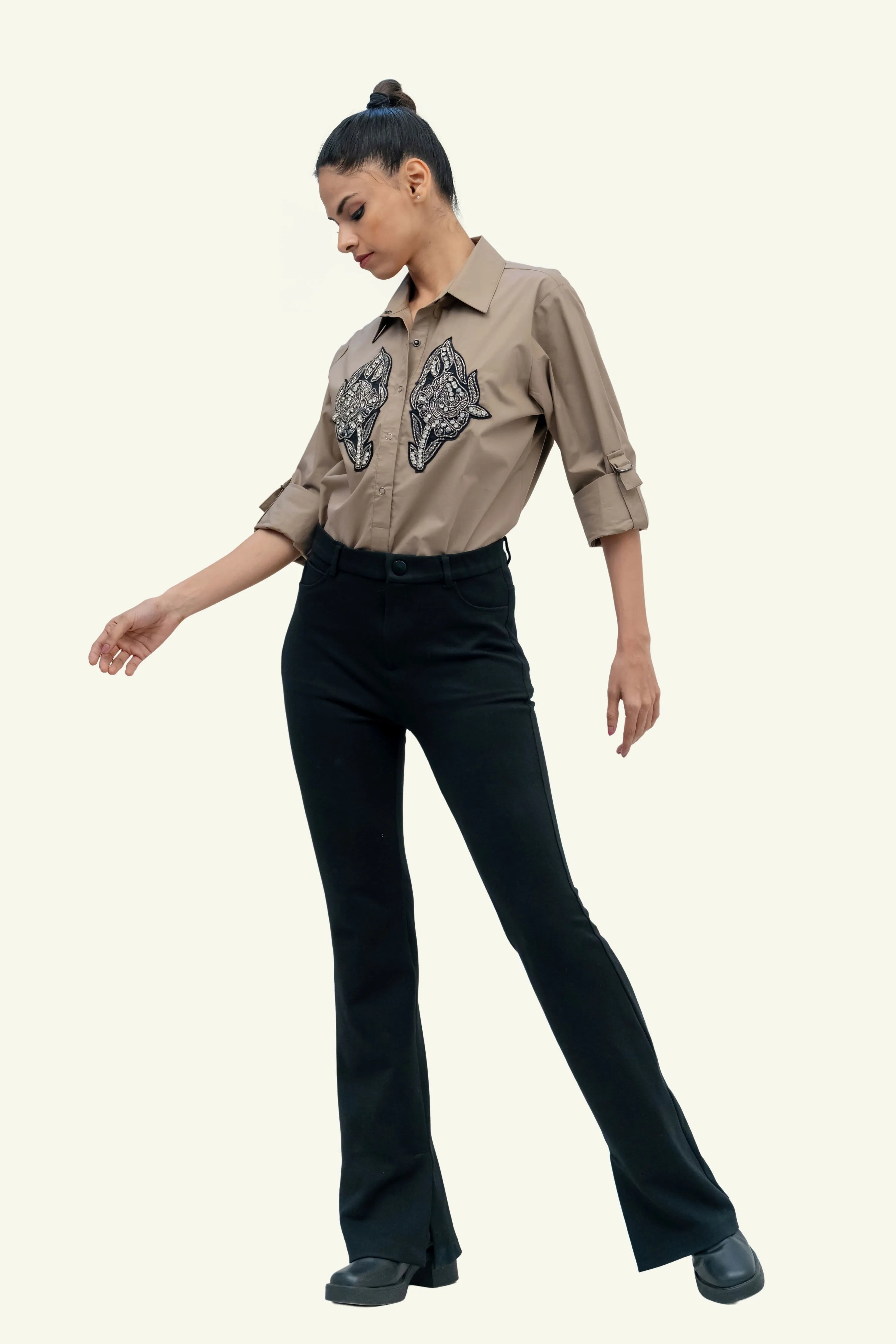 Brown Cotton Shirt with Embroidery