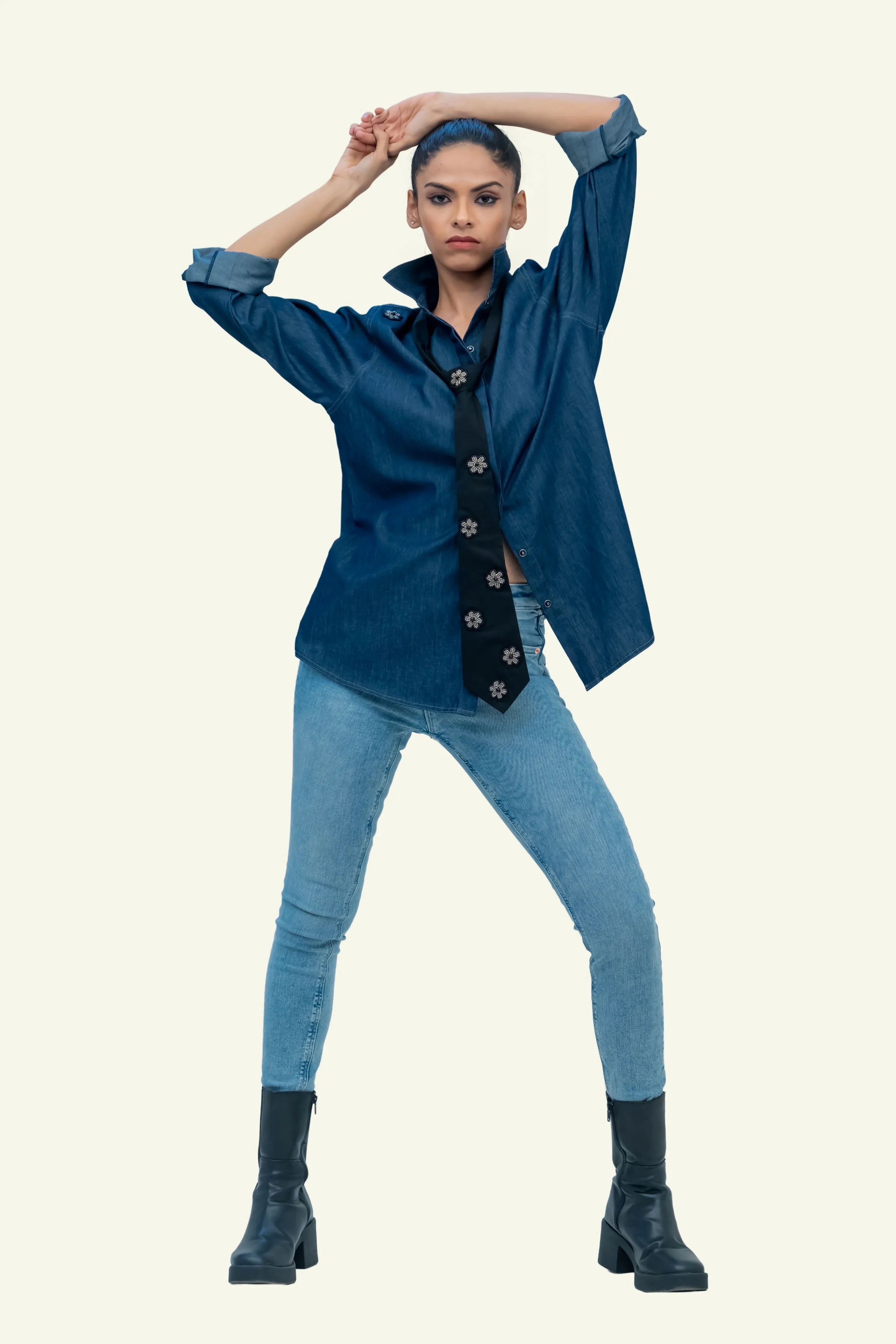 Denim Cotton Shirt with Black Cotton Tie