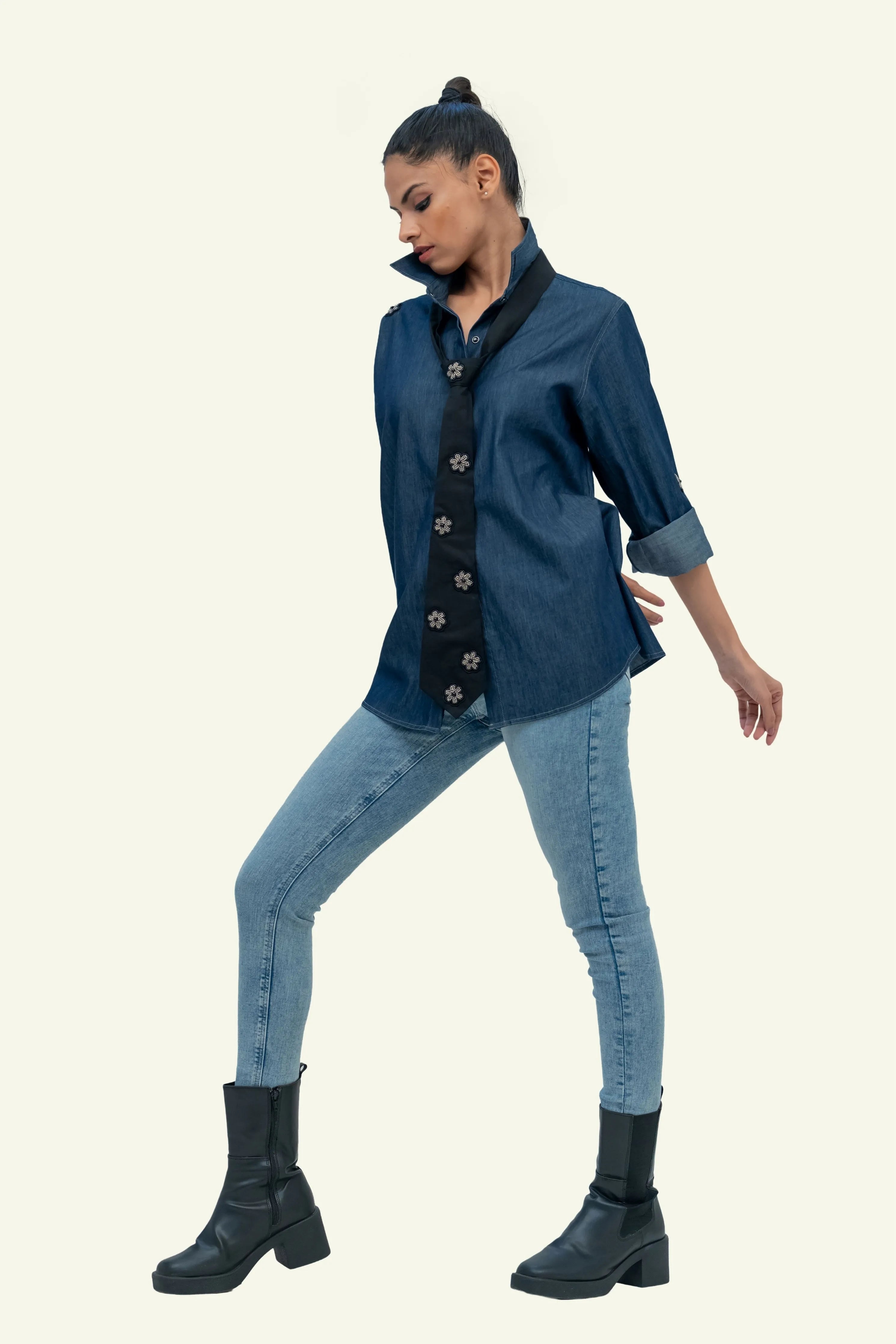 Denim Cotton Shirt with Black Cotton Tie