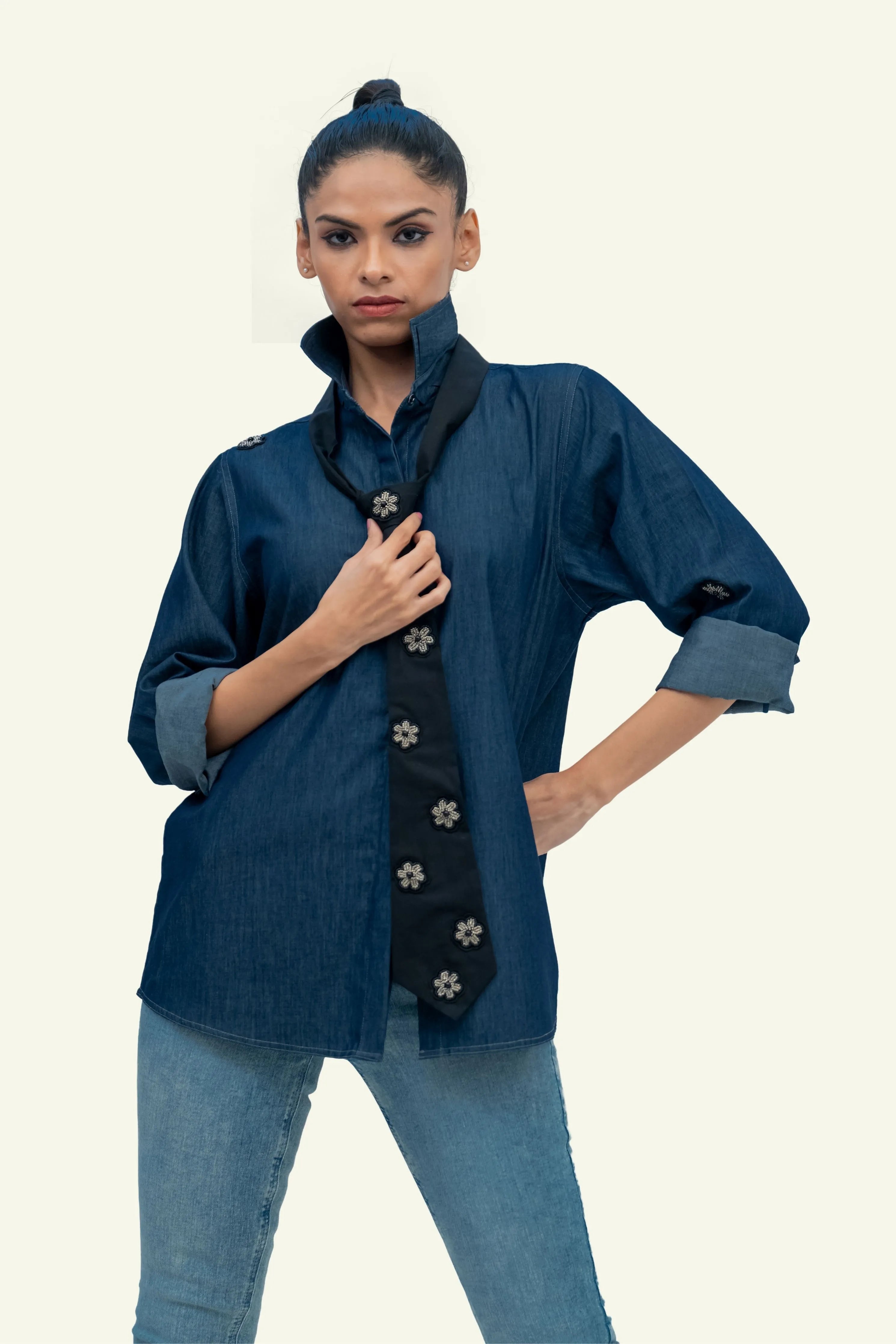 Denim Cotton Shirt with Black Cotton Tie