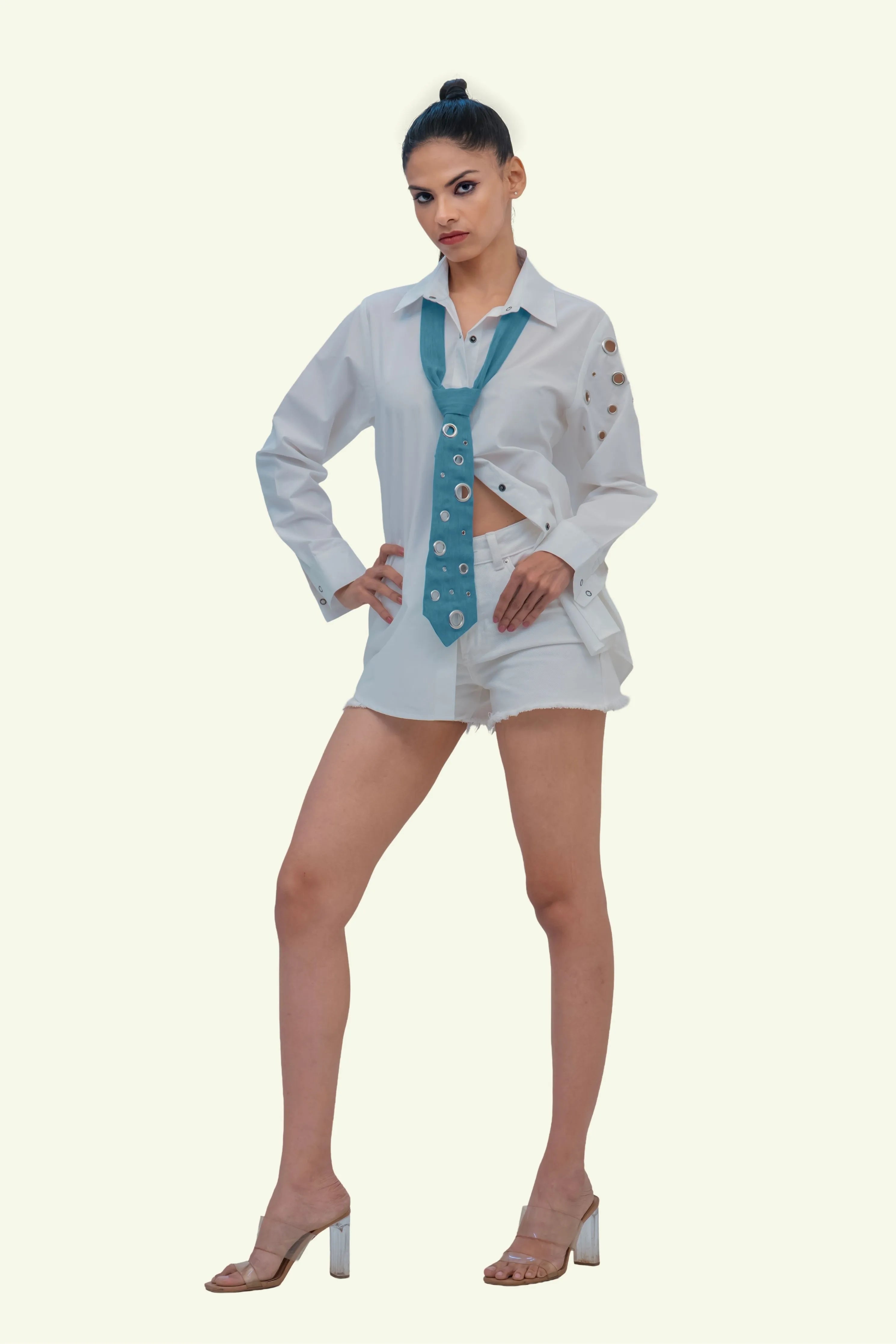 White Cotton Shirt with Ice-Washed Denim Tie