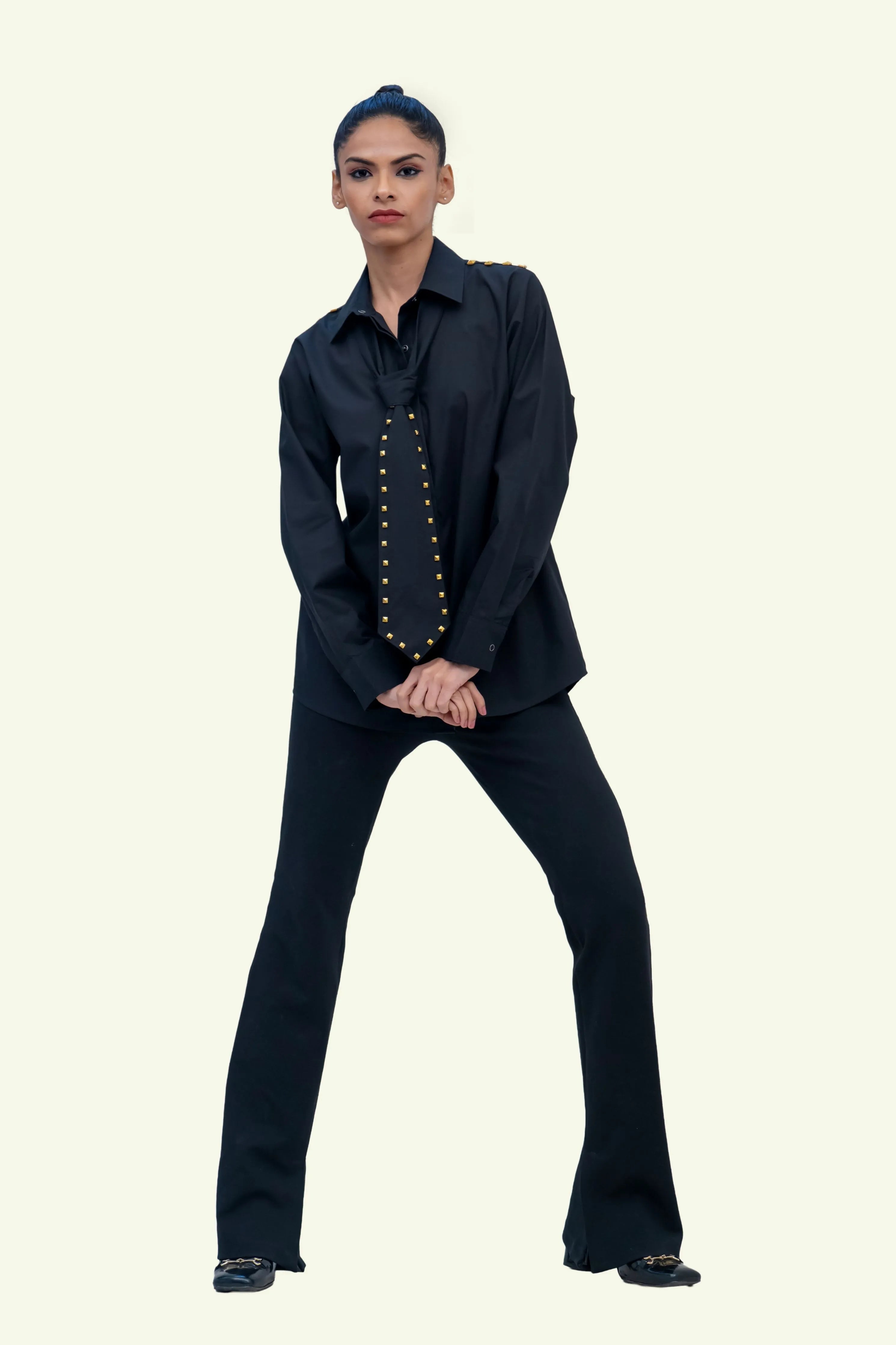 Black Cotton Shirt with Black Cotton Tie