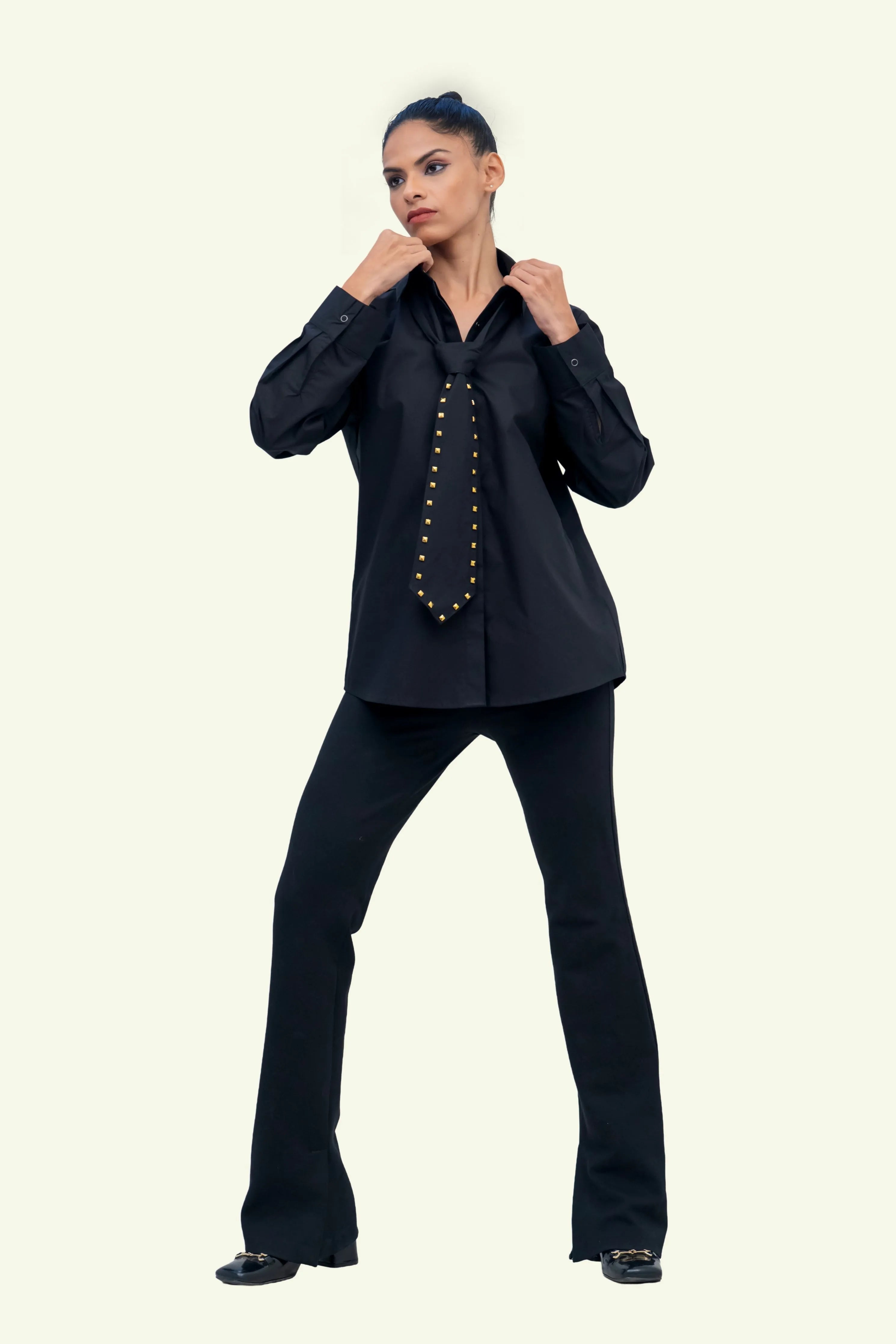 Black Cotton Shirt with Black Cotton Tie