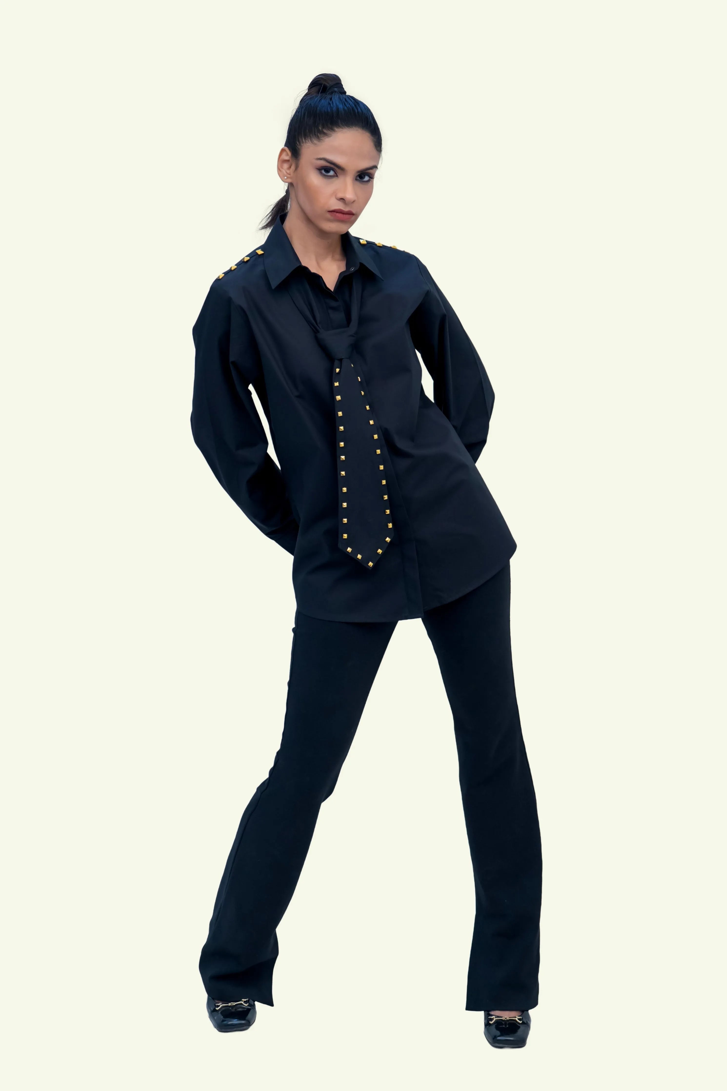 Black Cotton Shirt with Black Cotton Tie