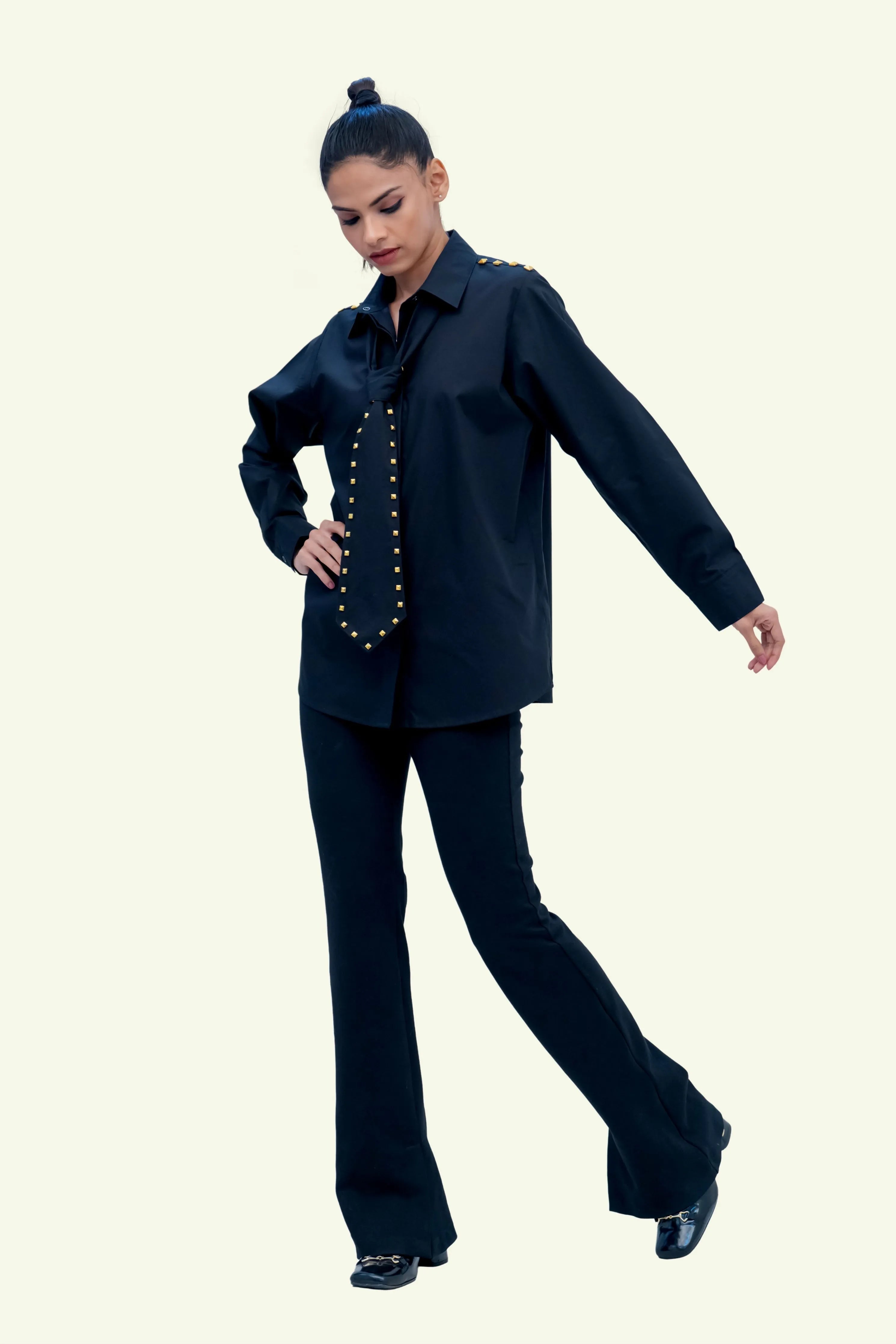Black Cotton Shirt with Black Cotton Tie