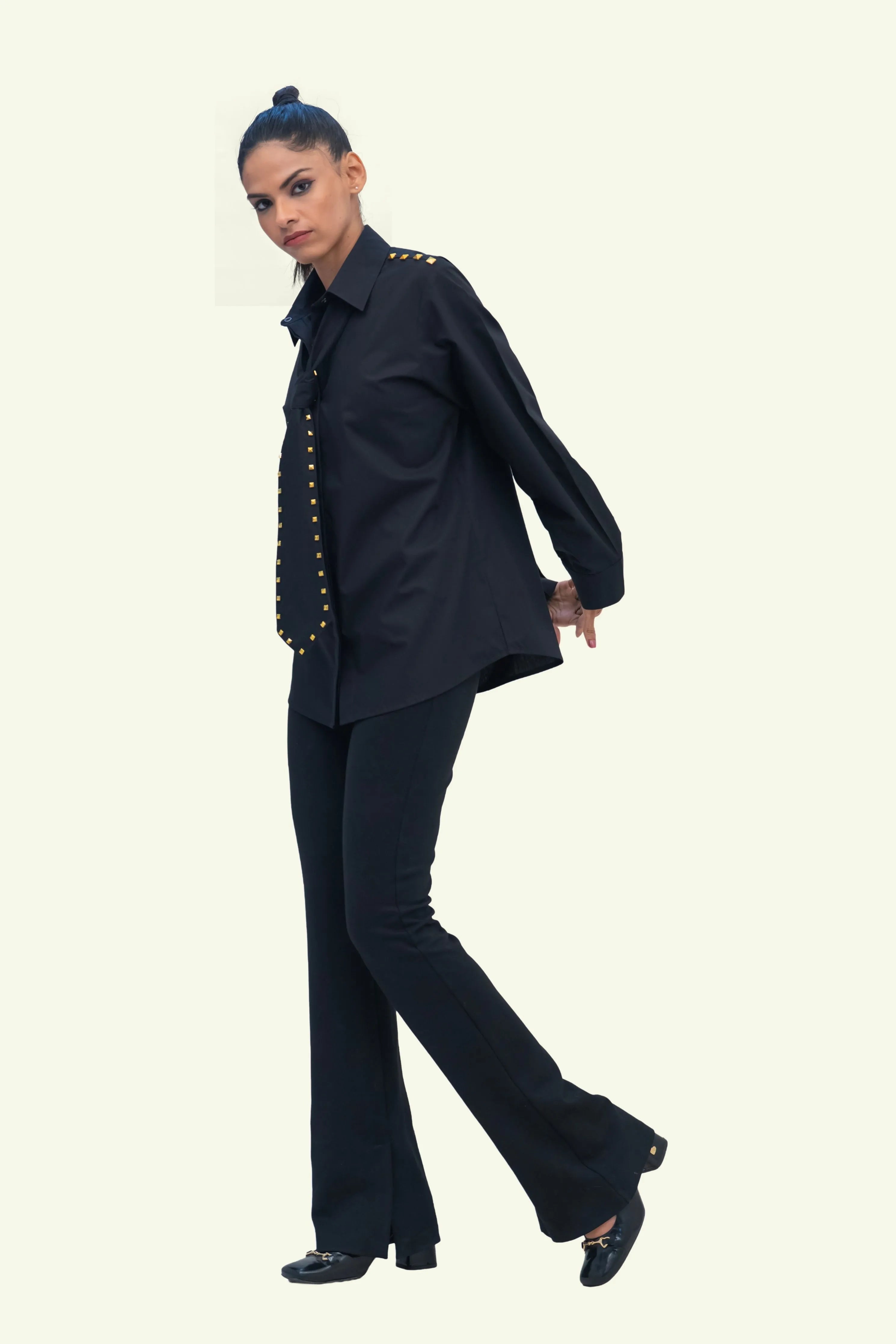 Black Cotton Shirt with Black Cotton Tie