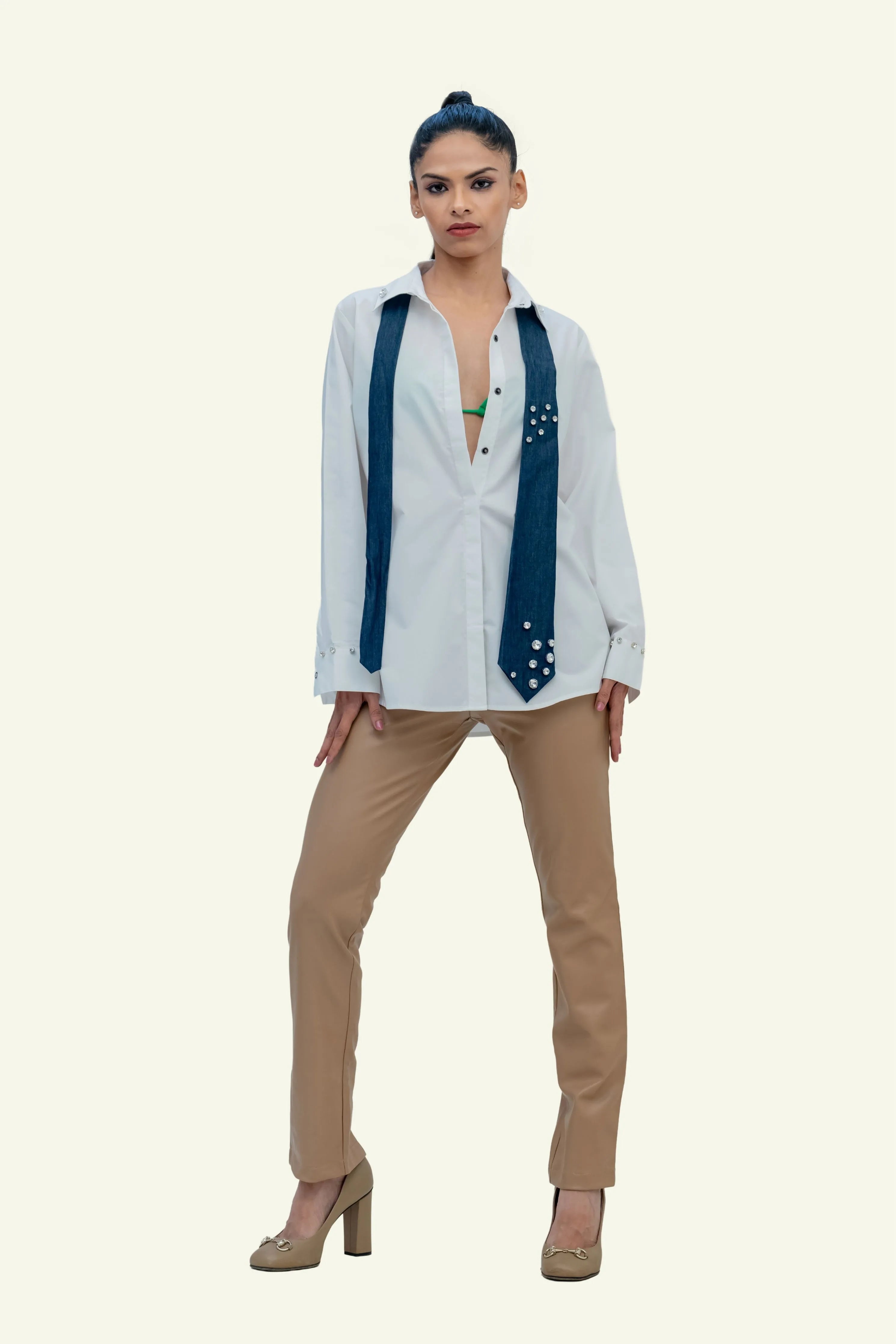 White Cotton Shirt with Denim Cotton Tie