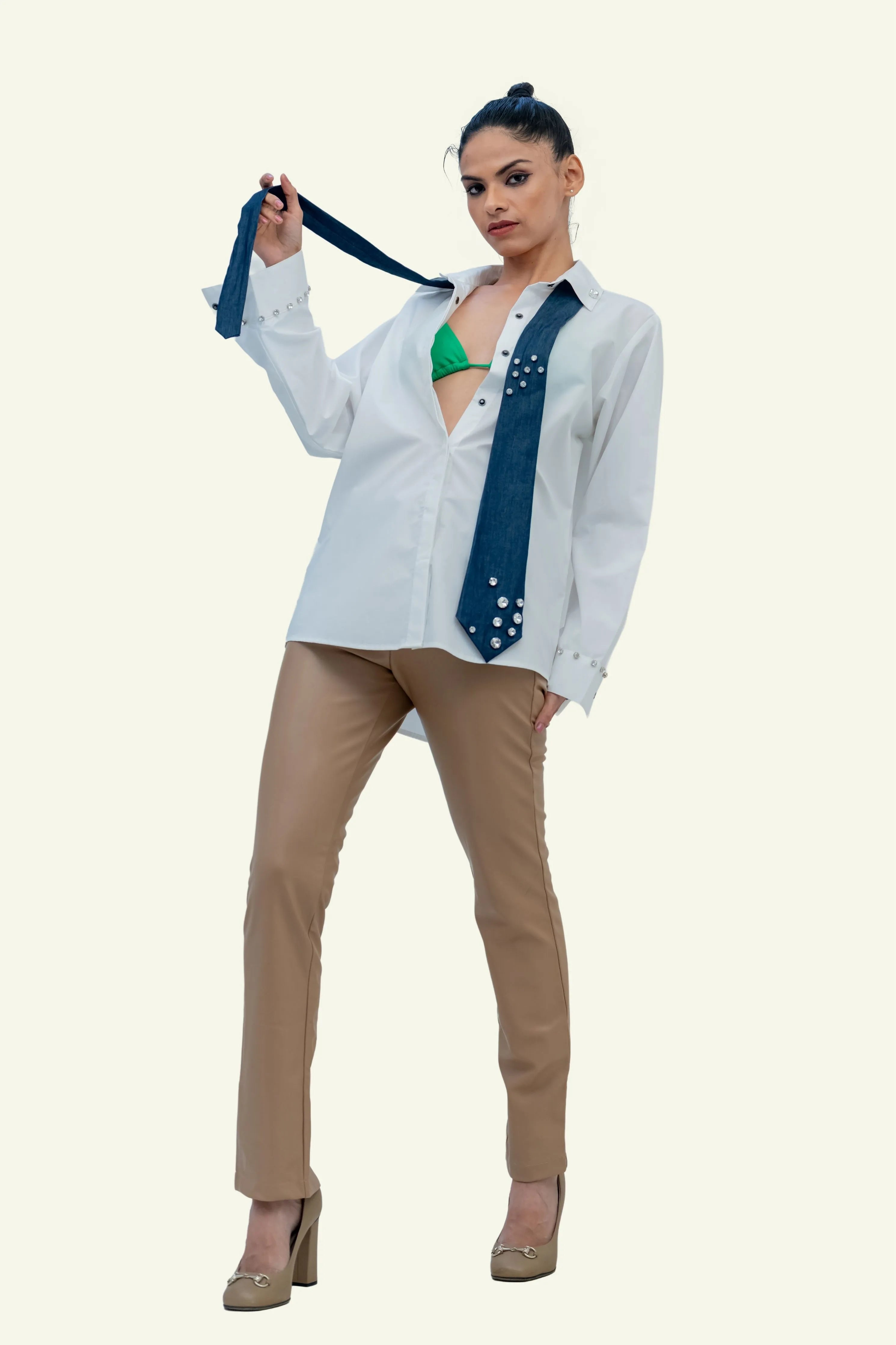 White Cotton Shirt with Denim Cotton Tie