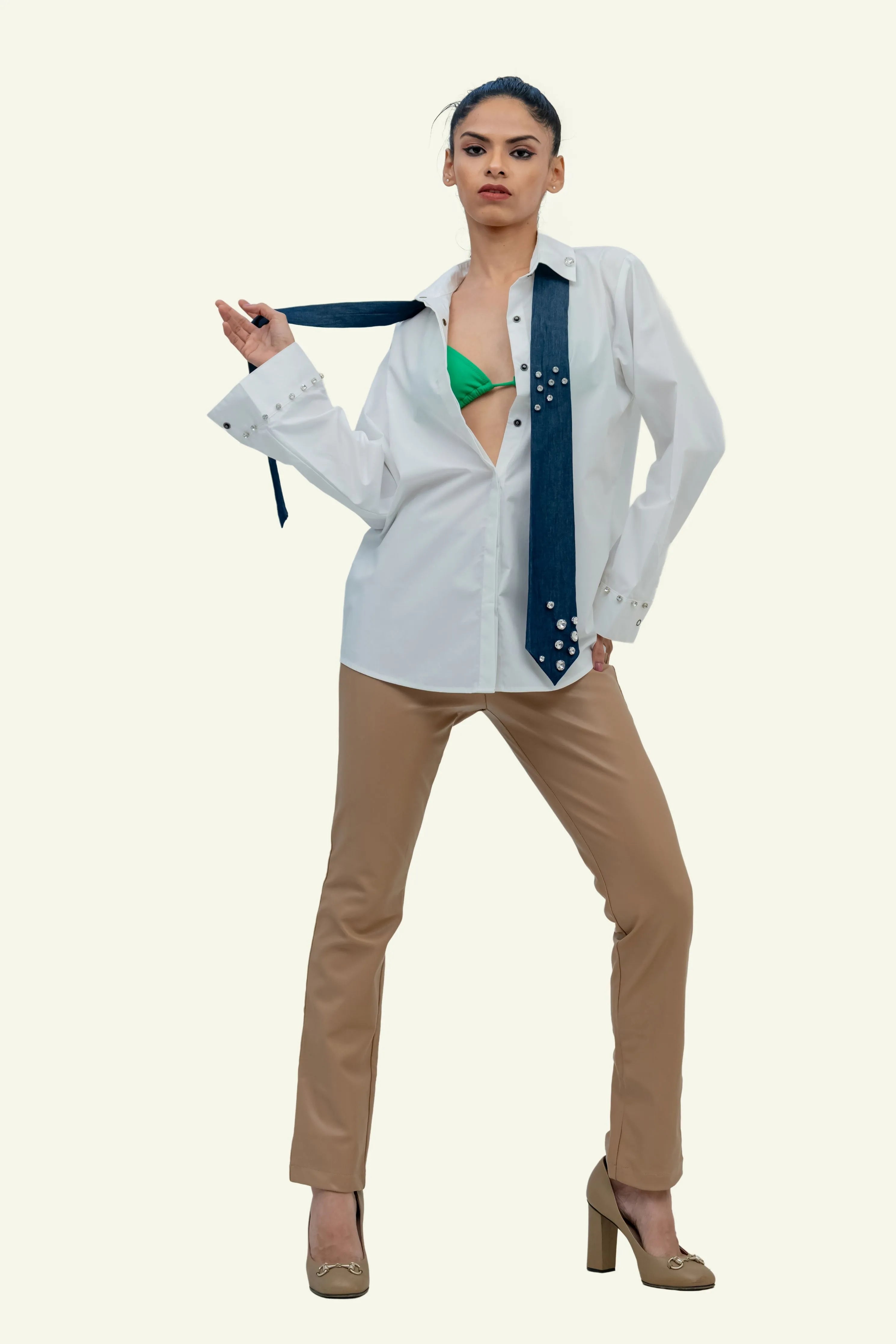 White Cotton Shirt with Denim Cotton Tie
