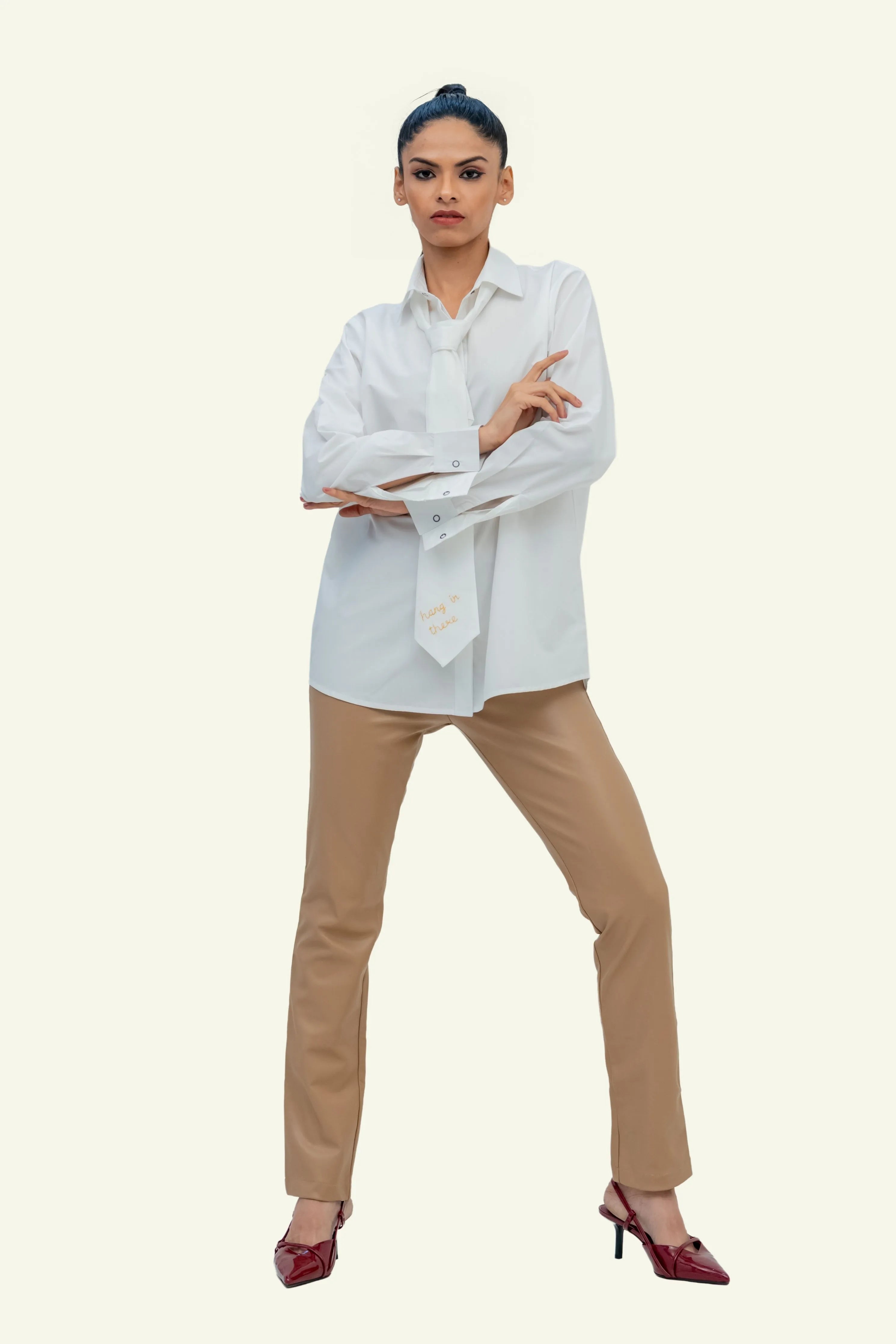 White Cotton Shirt with White Cotton Tie