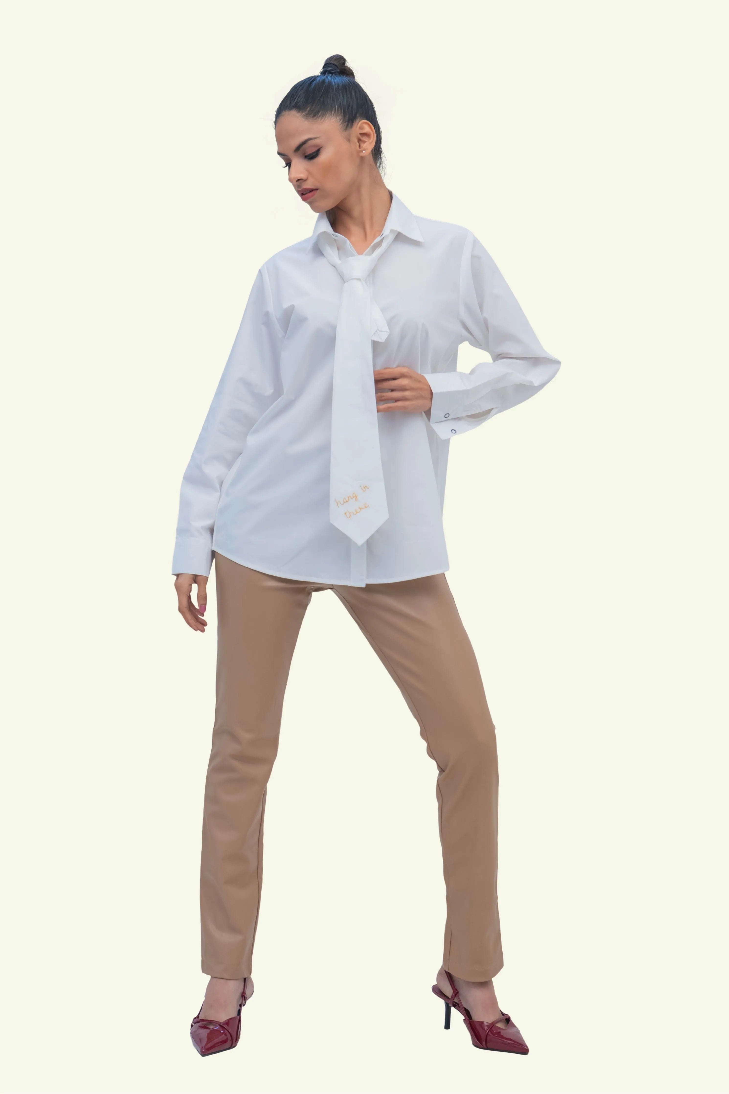 White Cotton Shirt with White Cotton Tie