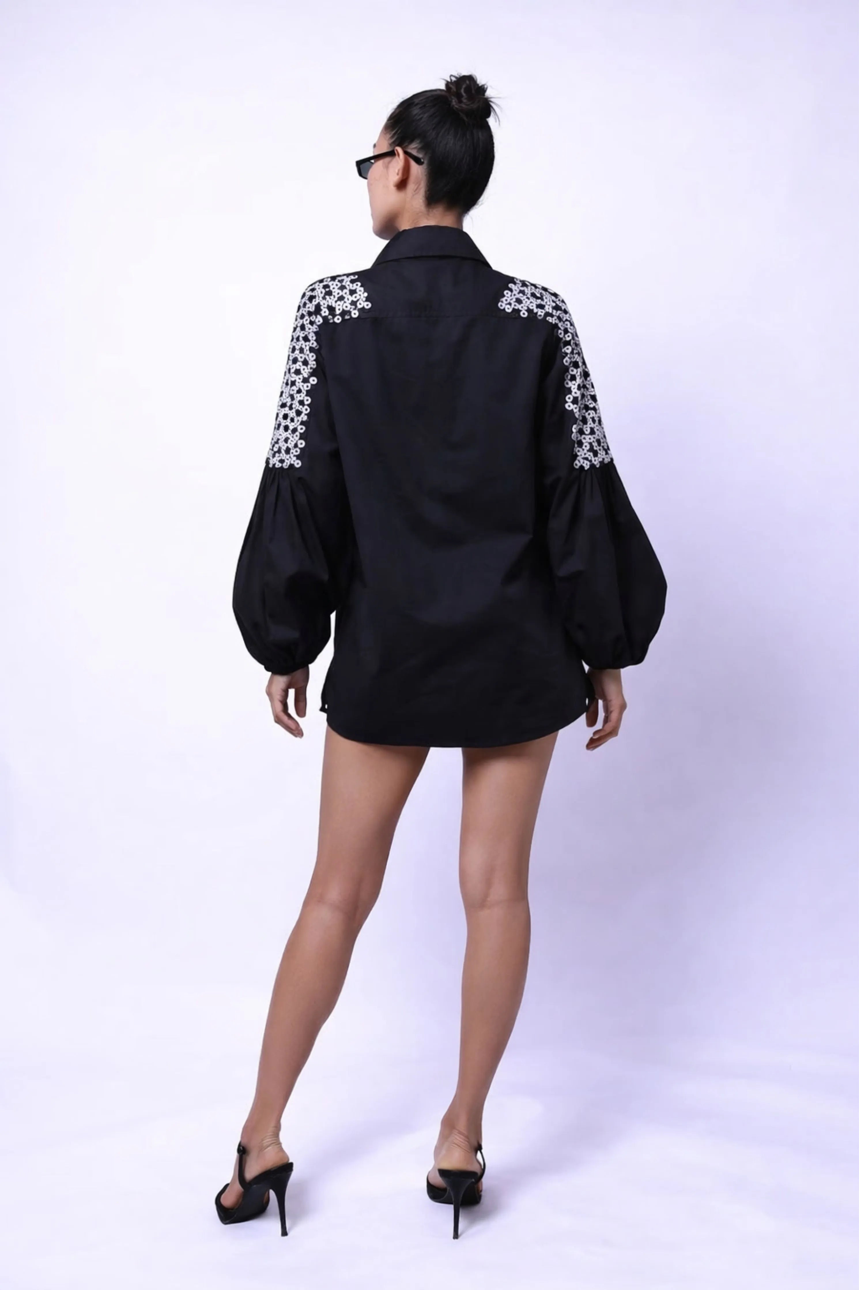 Black Comfort Fit Cotton Shirt With Balloon Sleeves