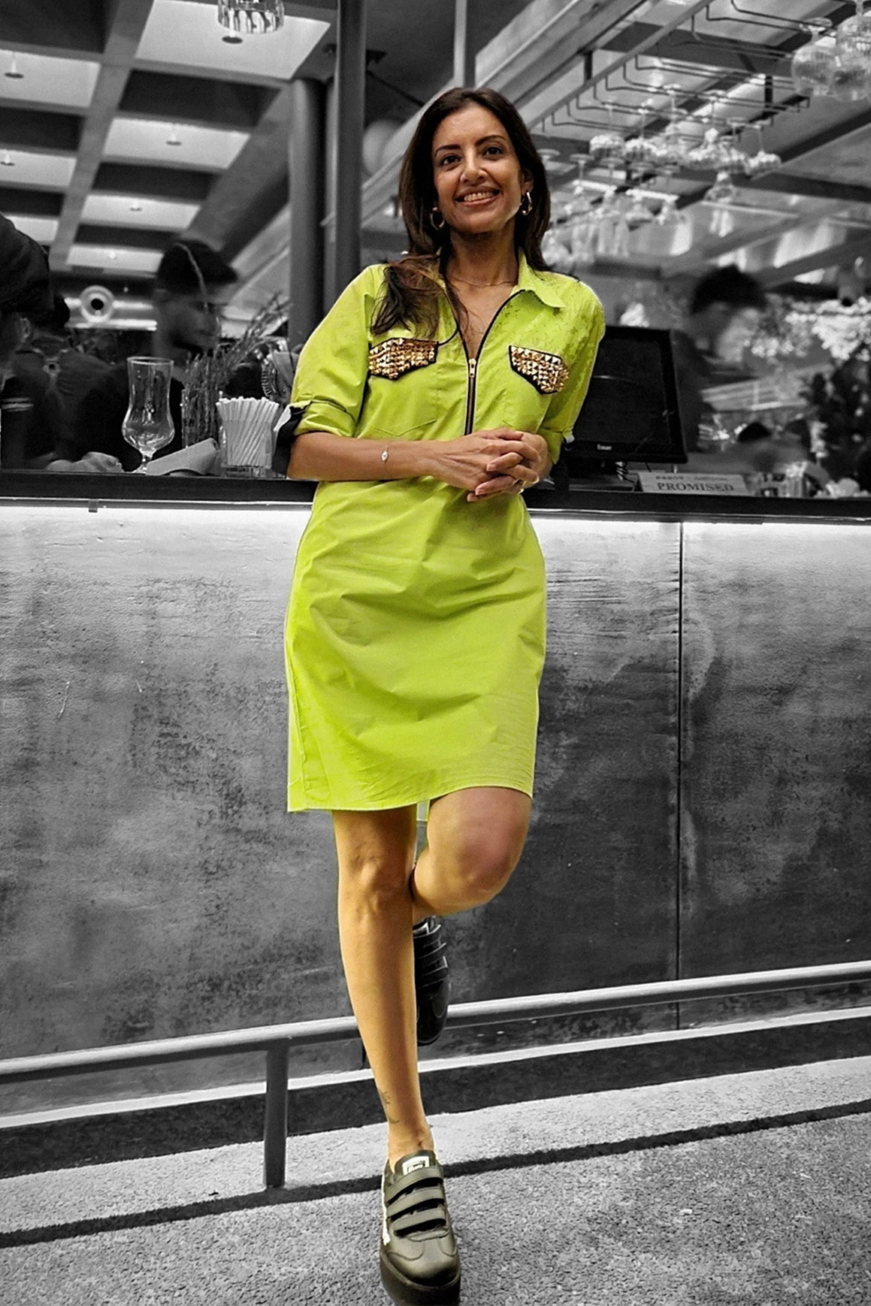 Neon Green One Piece Cotton Dress With Pockets